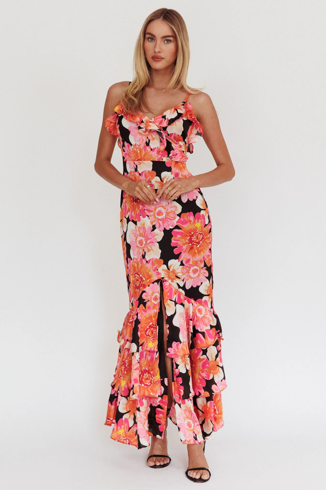 Silvana Frill Trim Maxi Dress Black/Pink - Sonourner
