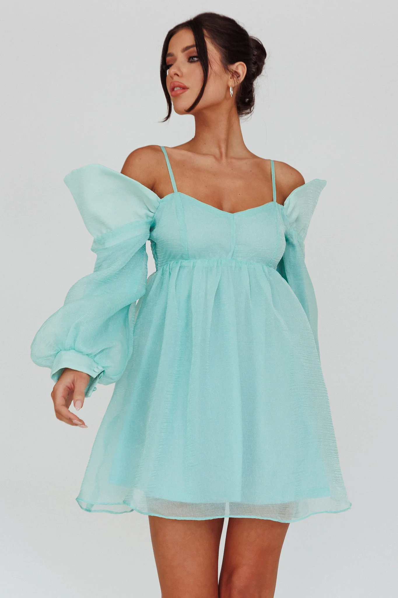 Yasi Long Sleeve Babydoll Mini Dress Mint - Sonourner