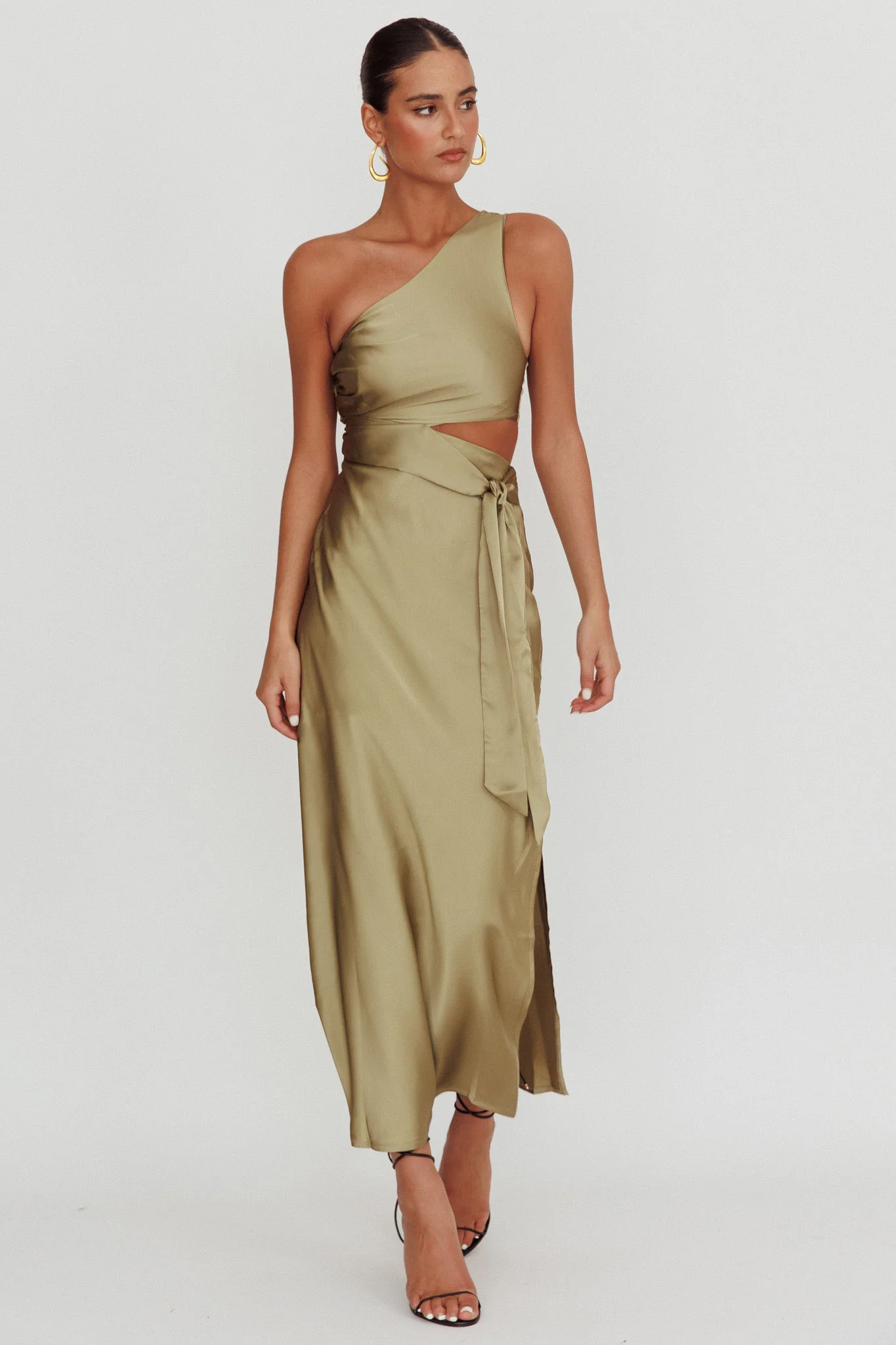 Abloom One Shoulder Satin Maxi Dress Khaki - Sonourner