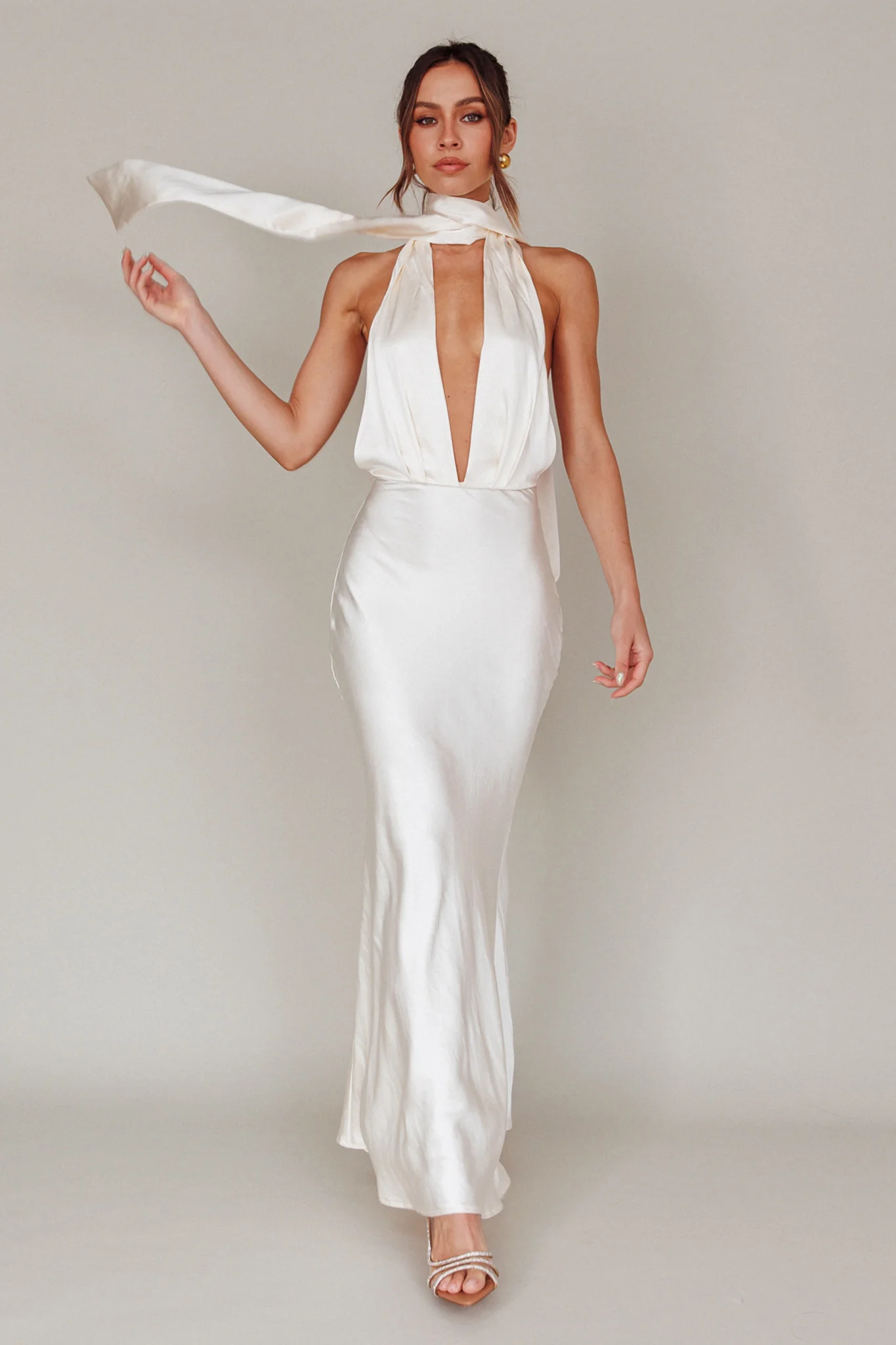 Italia Azure Halterneck Maxi Dress Oyster - Sonourner