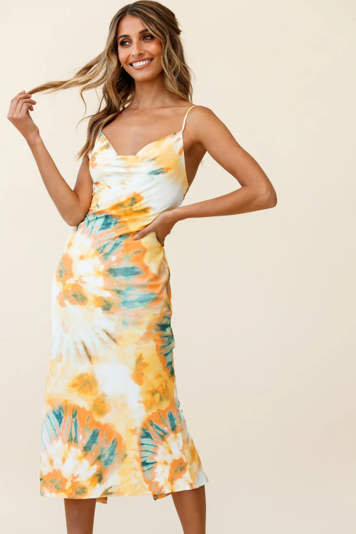 Show Me Love Cowl Neck Midi Dress Tie-Dye Orange Multi - Sonourner