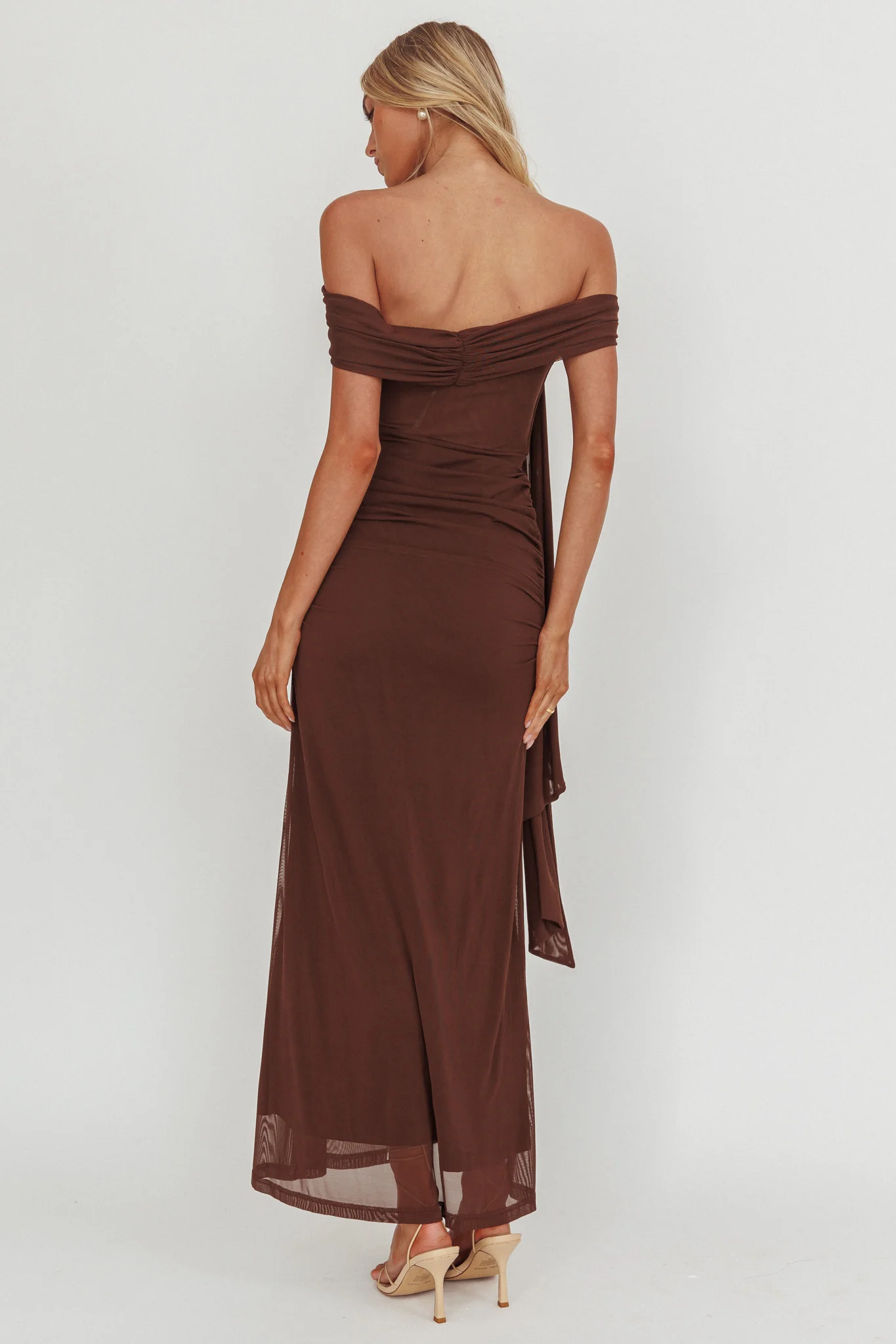 Silver Moon Tied Off-Shoulder Maxi Dress Chocolate - Sonourner