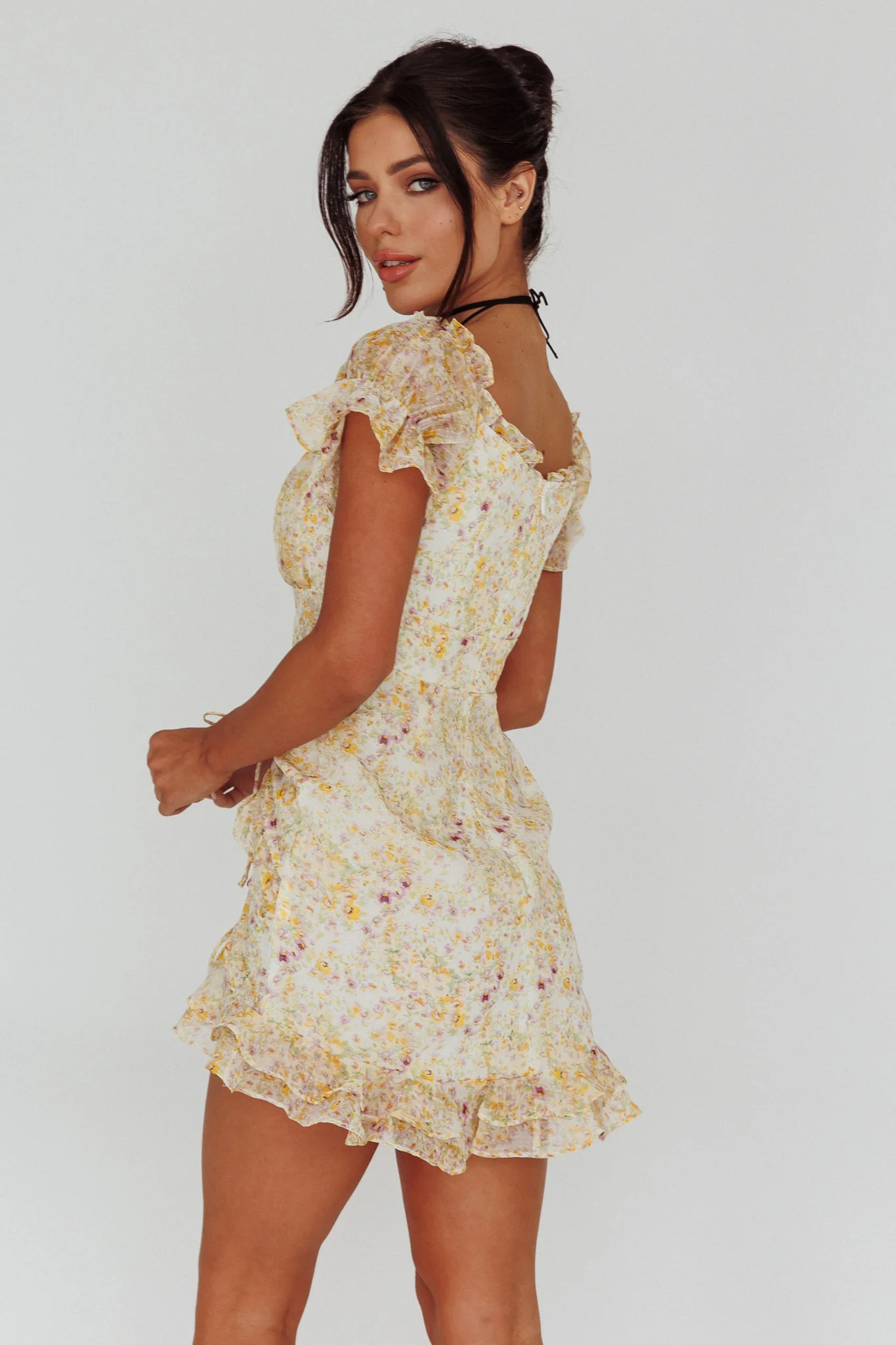 Linka Drawstring Detail Frill Dress Floral Beige - Sonourner