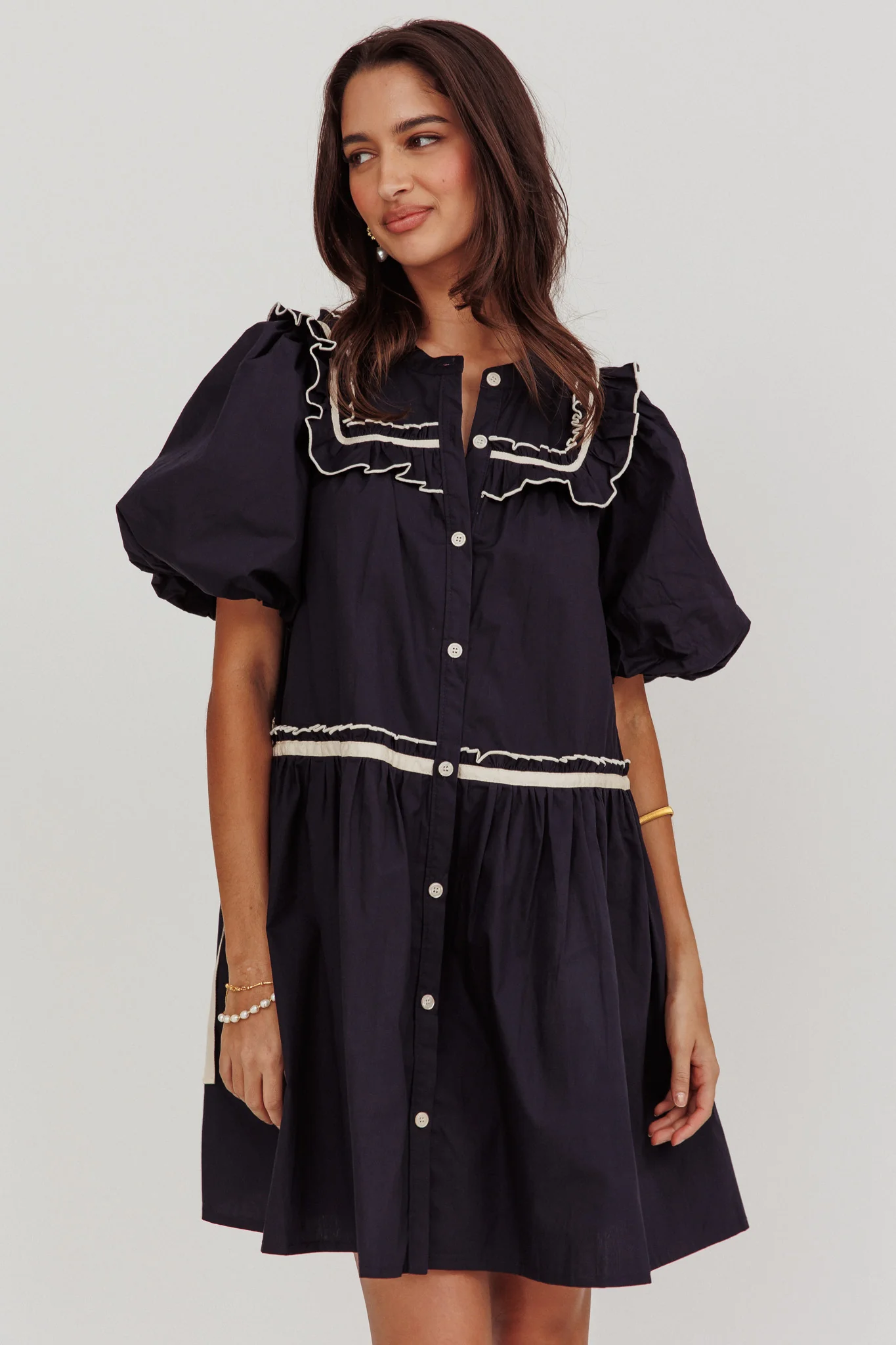 Late Spring Puff Sleeves Ruffle Mini Dress Navy - Sonourner