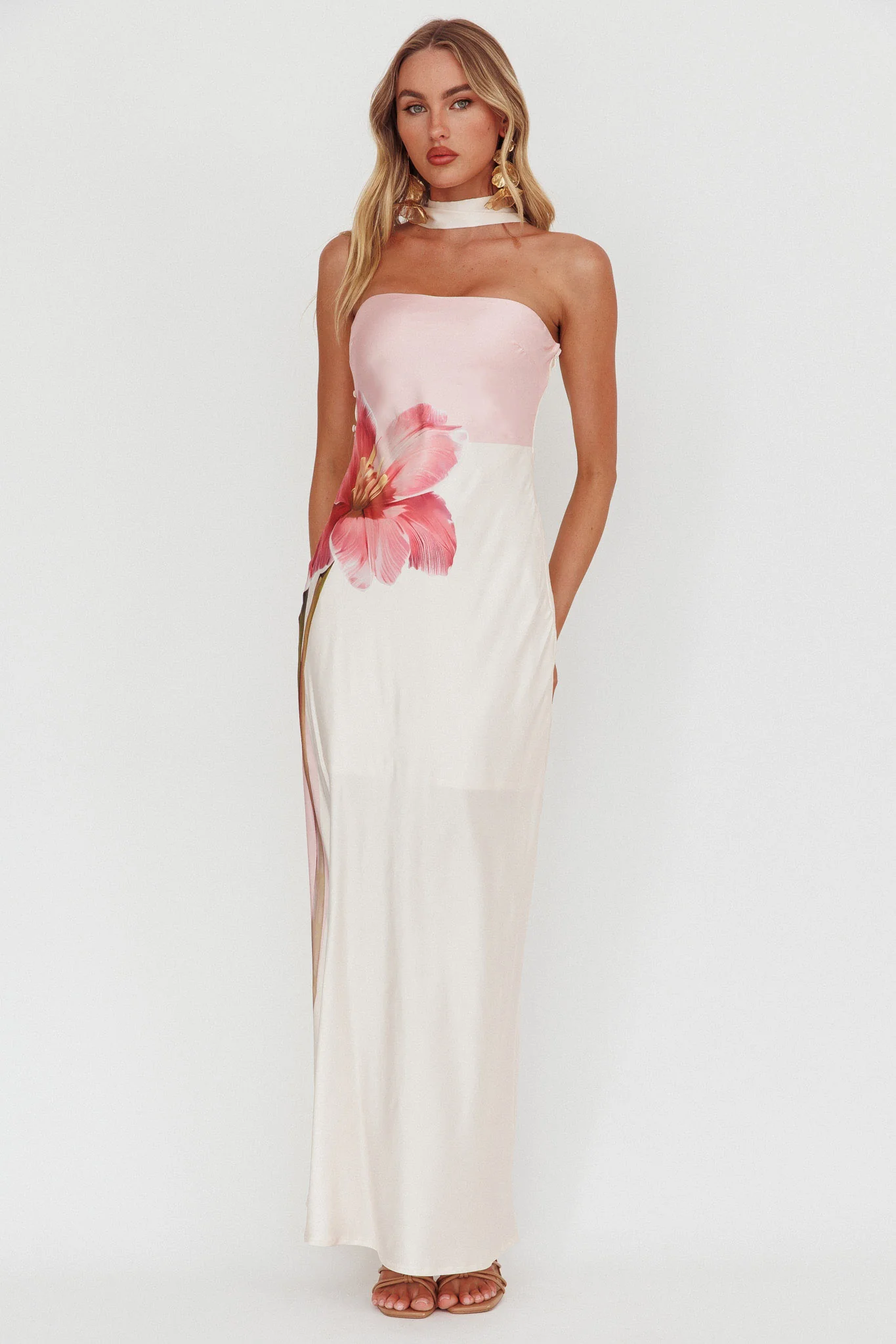 Damsel Reverse Halter Maxi Dress Flower Pink - Sonourner