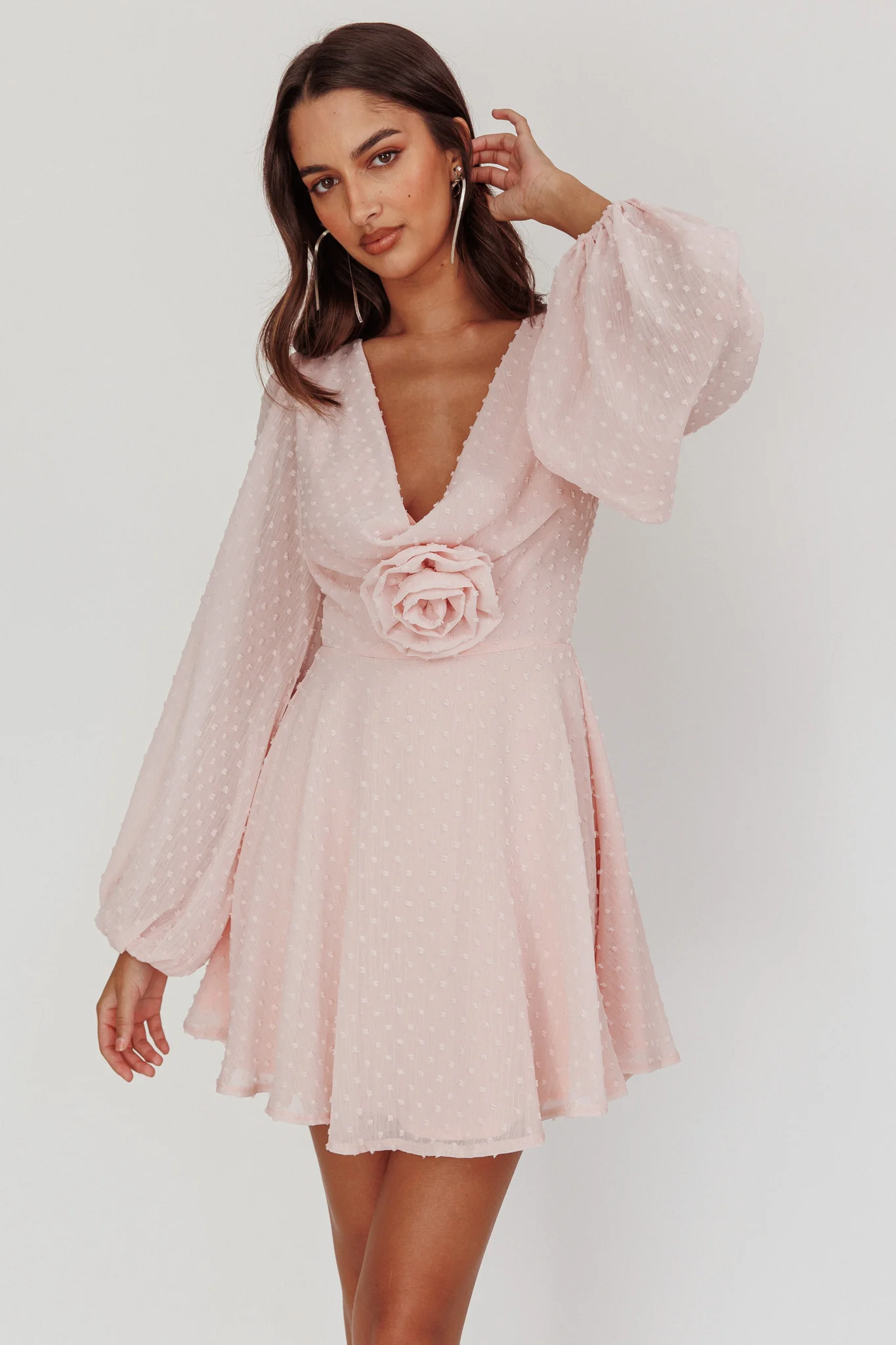 Open Heart Long Sleeve Rosette Mini Dress Baby Pink - Sonourner