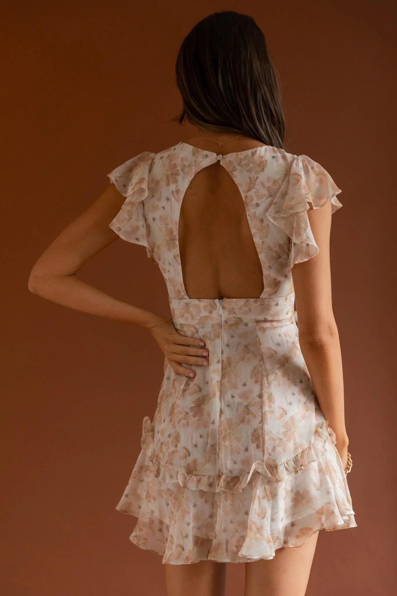 New Dawn Frill Shoulder Mini Dress Floral Mocha - Sonourner