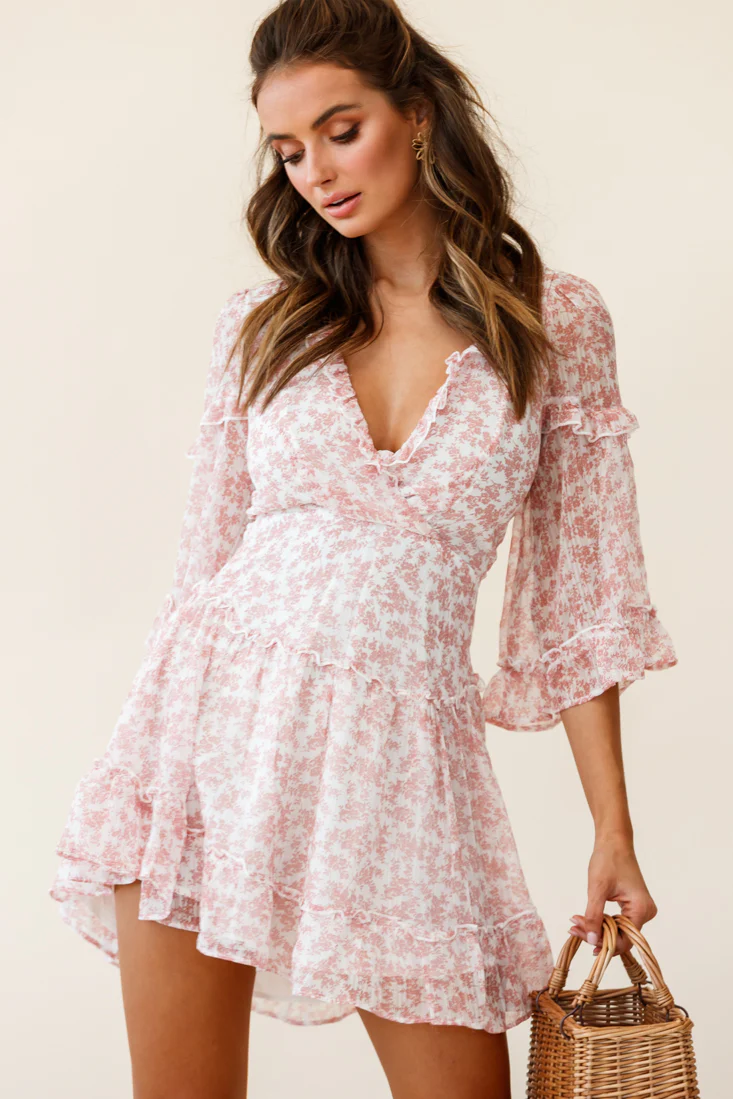 Albany Lace Up Back Frill Dress Tiny Floral Print Pink - Sonourner