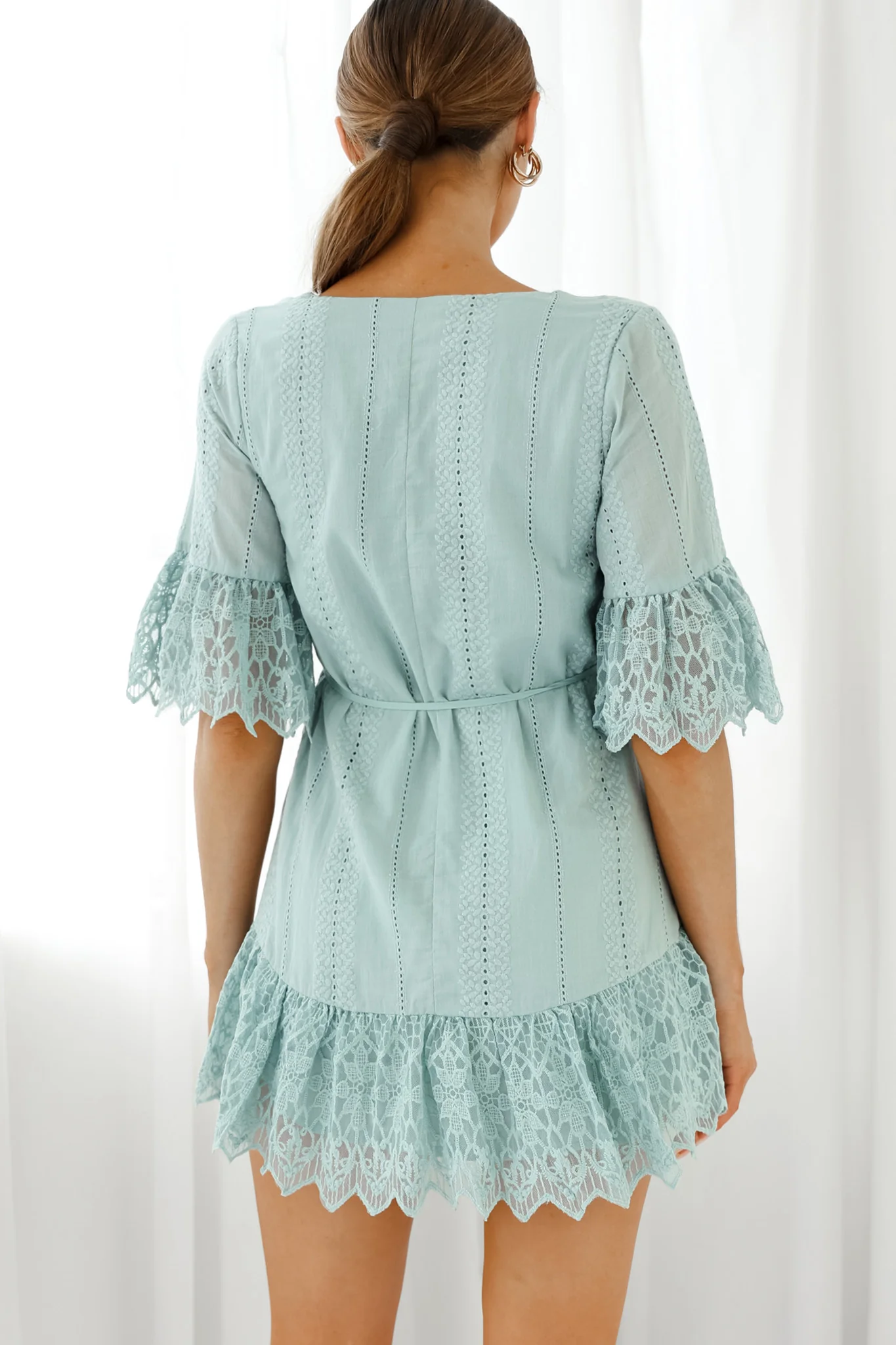 Karissa Lace Trim Waist Tie Tunic Dress Sage - Sonourner
