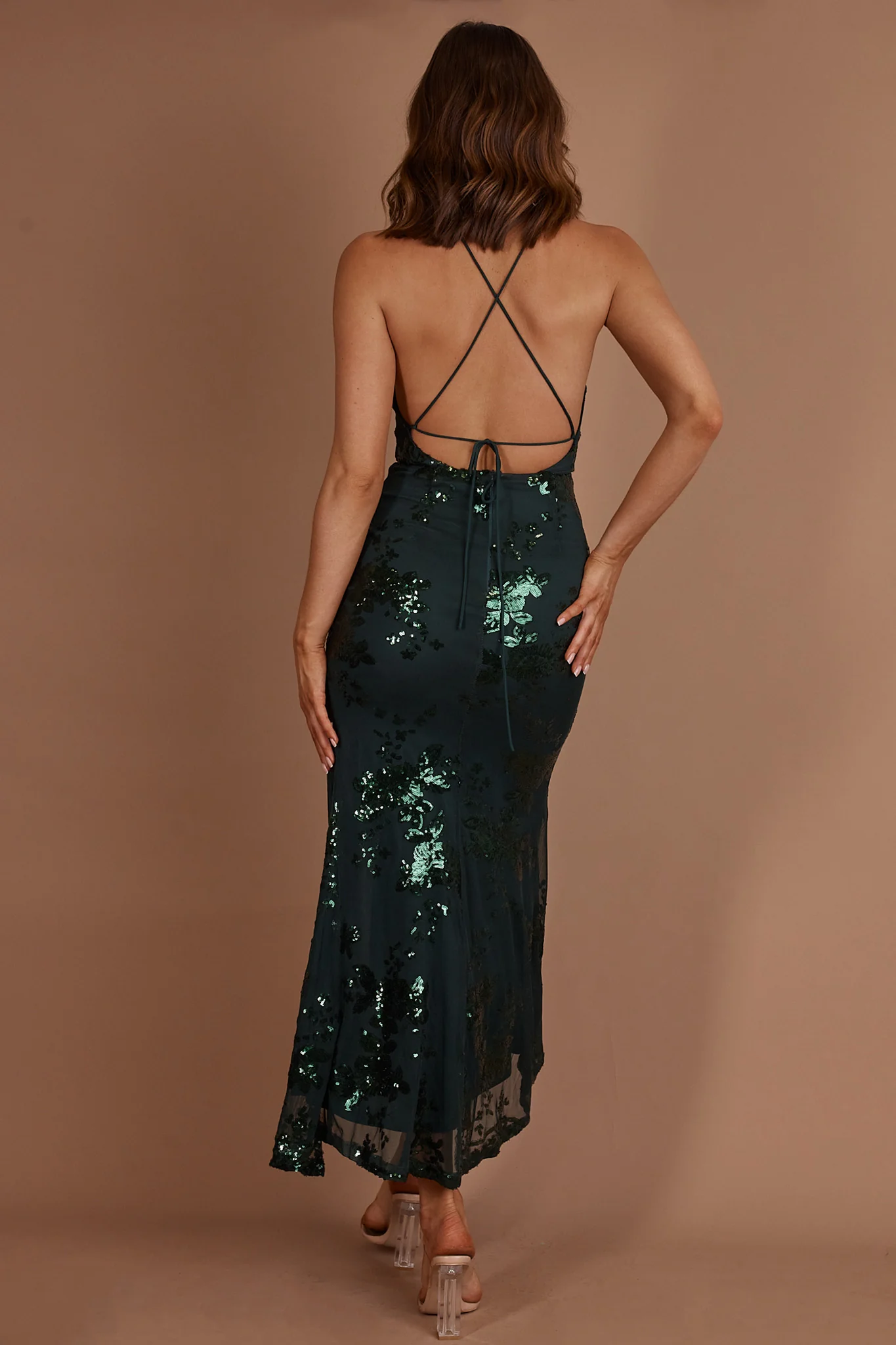 Haylan Sequin Backless Midi Dress Forest Green - Sonourner