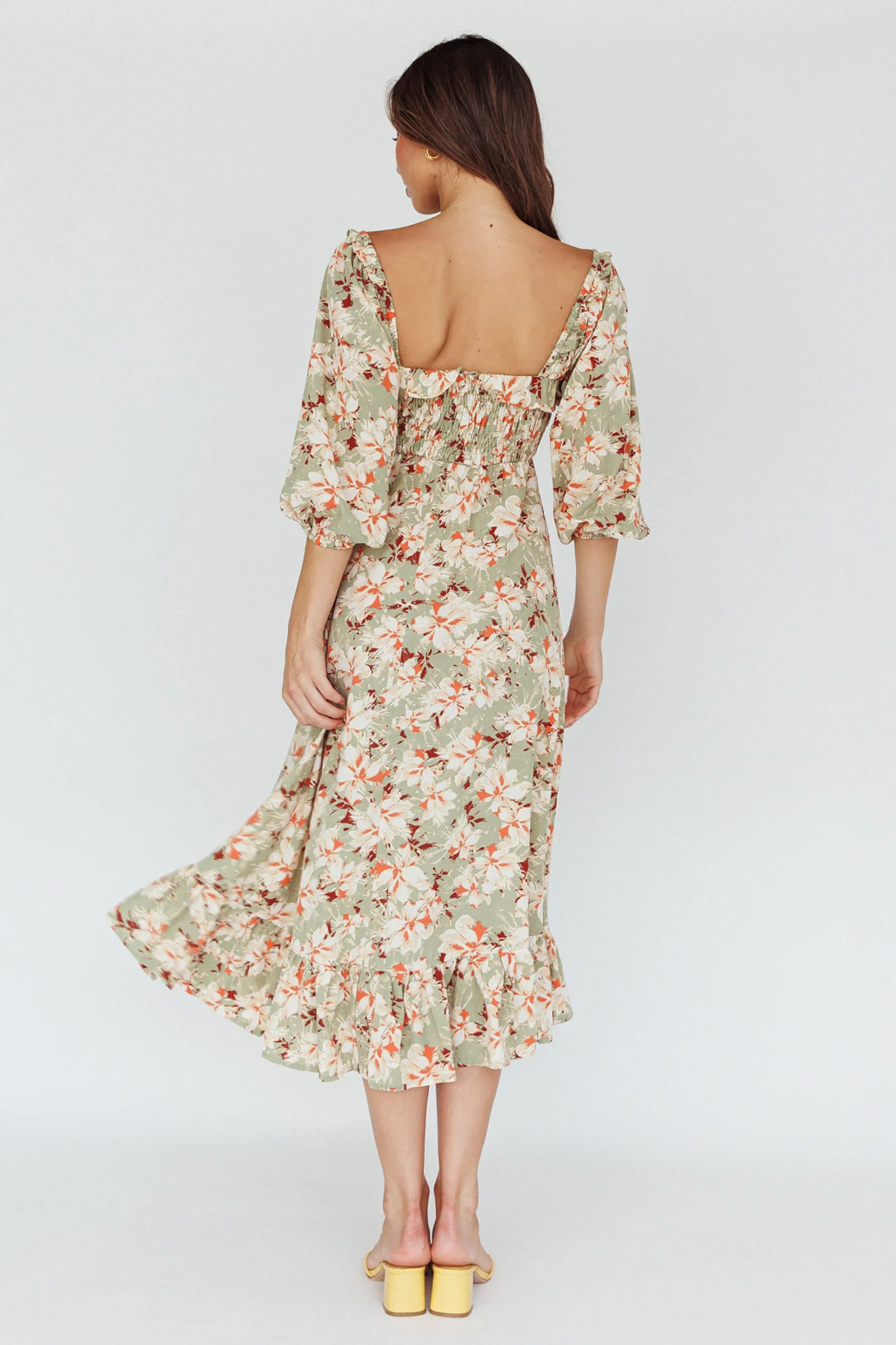 Flynn Balloon Sleeve Shirred Midi Dress Floral Green - Sonourner