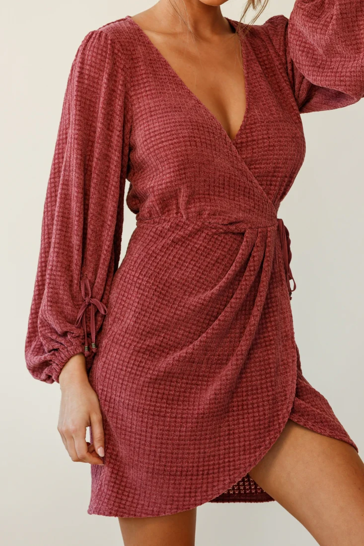 Make Way Balloon Sleeve Wrap Dress Plum - Sonourner
