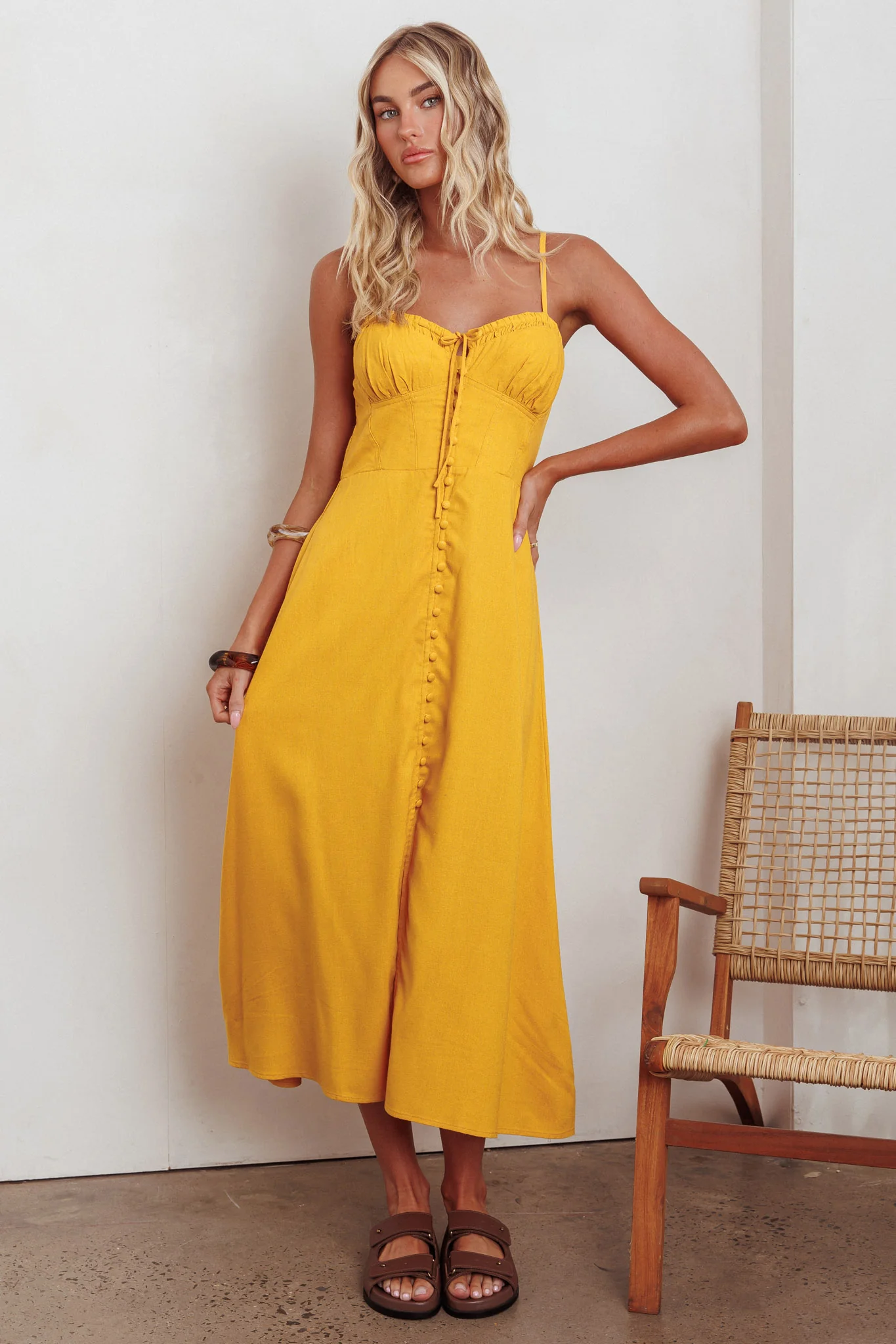 Back Together Button Front Midi Dress Marigold - Sonourner