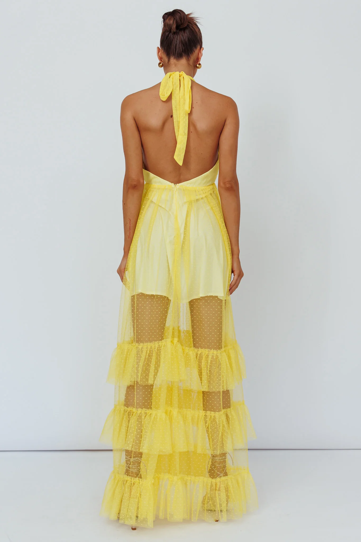 Moonlight Sonata Ruffle Mesh Maxi Dress Hail Spot Lemon - Sonourner