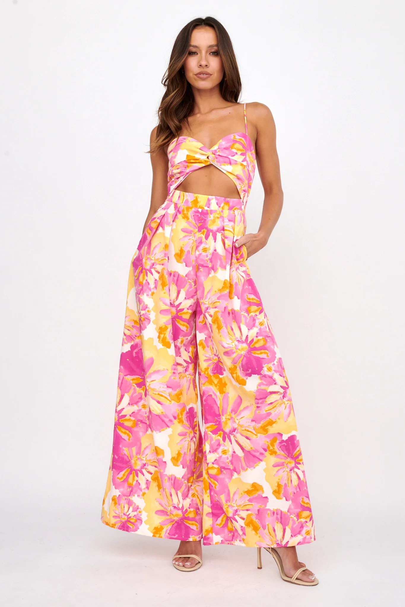 Tammi Cut-Out Waist Jumpsuit Floral Blush - Sonourner
