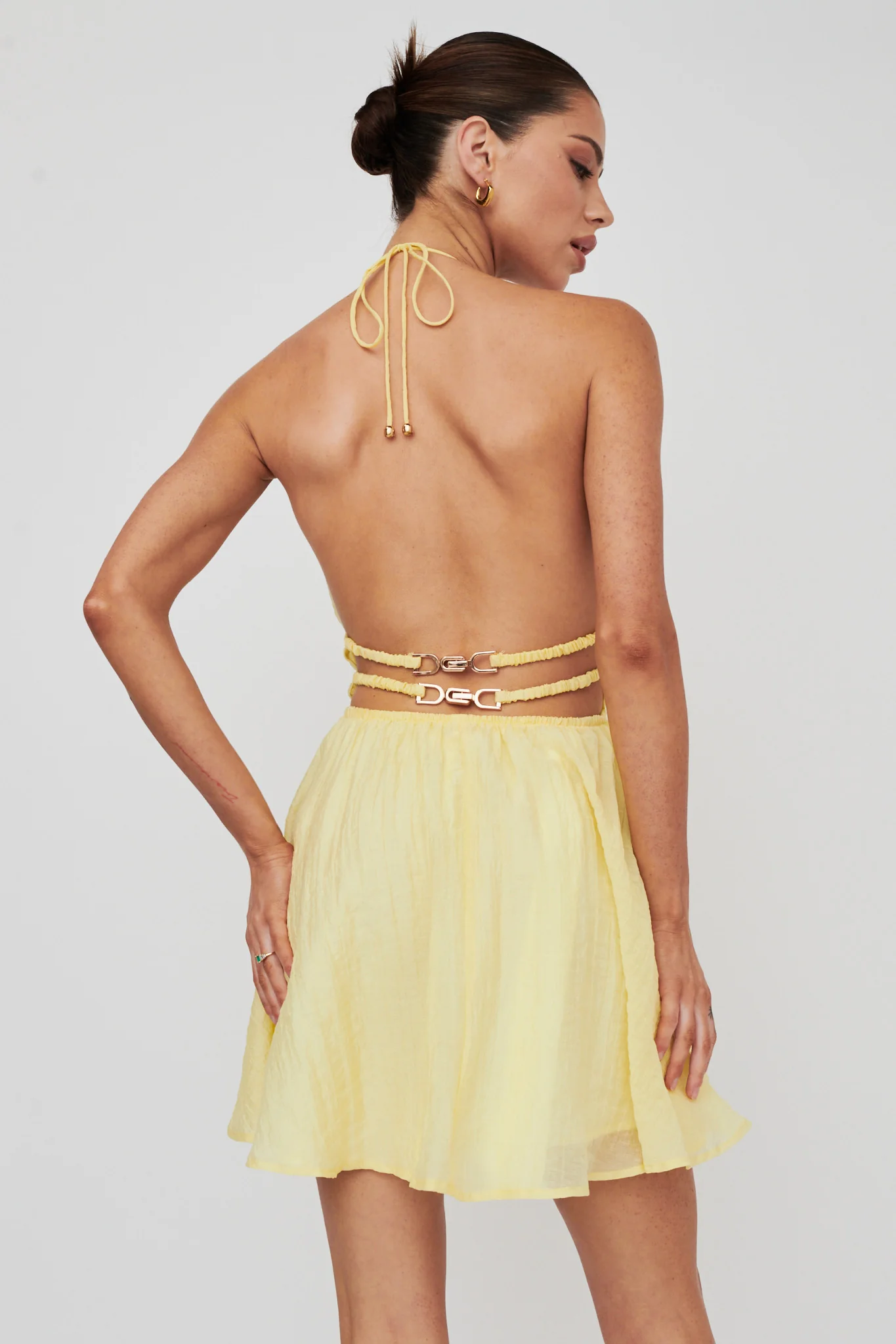 Cyndi Open Back Halterneck Mini Dress Lemon - Sonourner