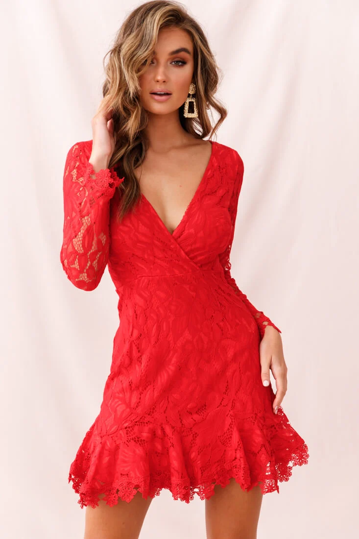 Kyle Long Sleeve Lace Dress Red - Sonourner