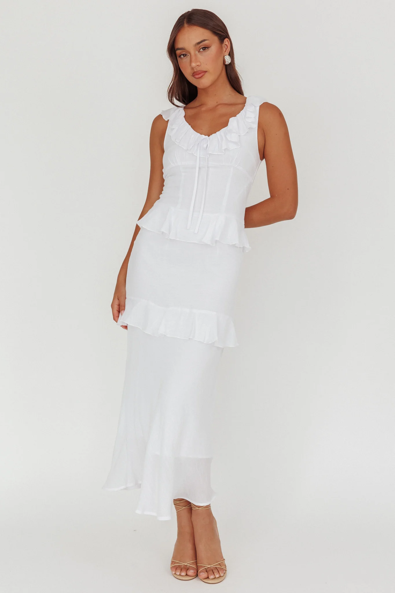 Arrabel Ruffle Trim Bust Tie Maxi Dress White - Sonourner