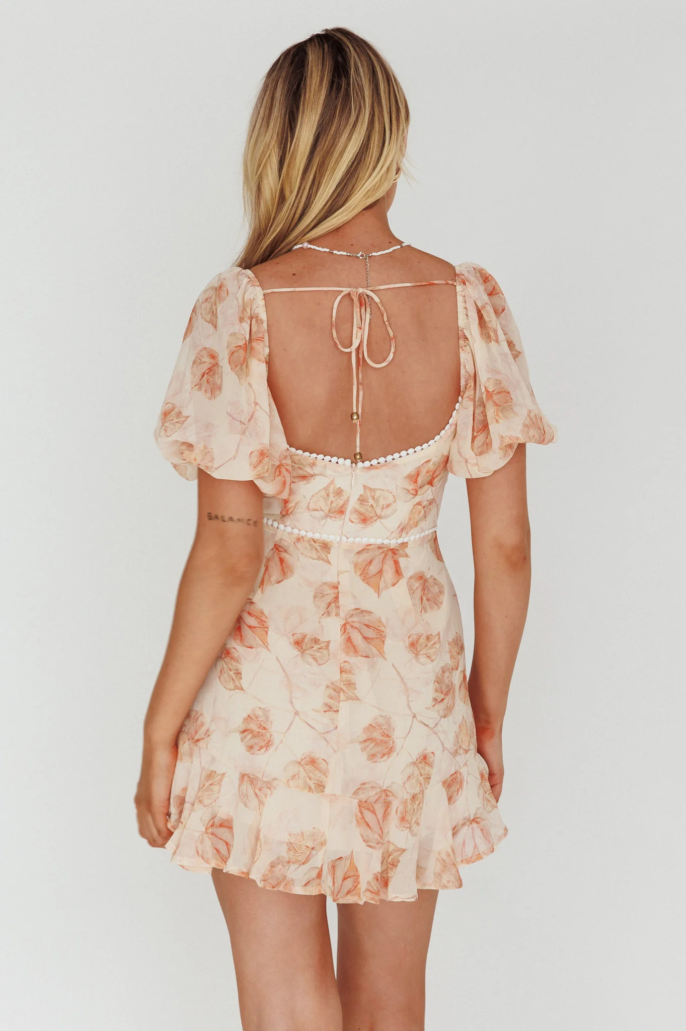 Catch Feelings Sweetheart Puff Sleeve Mini Dress Leaves Beige - Sonourner