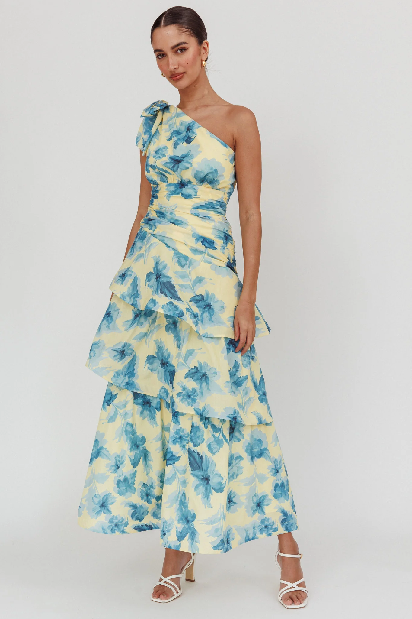 Kenny One Shoulder Tiered Floral Maxi Dress Yellow - Sonourner