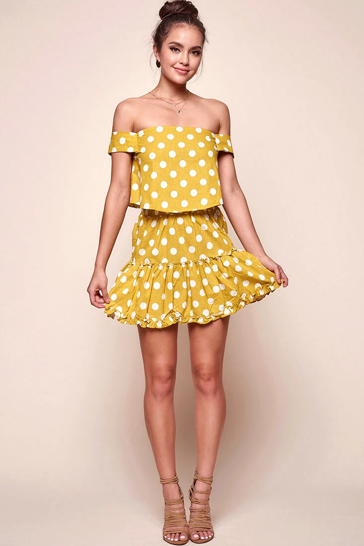 Alexi Polka Dot Off The Shoulder Top Yellow Mustard - Sonourner