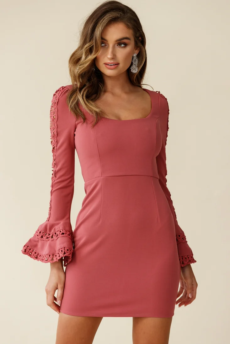 Jules Long Sleeve Flared Cuff Crochet Detail Dress Rose - Sonourner