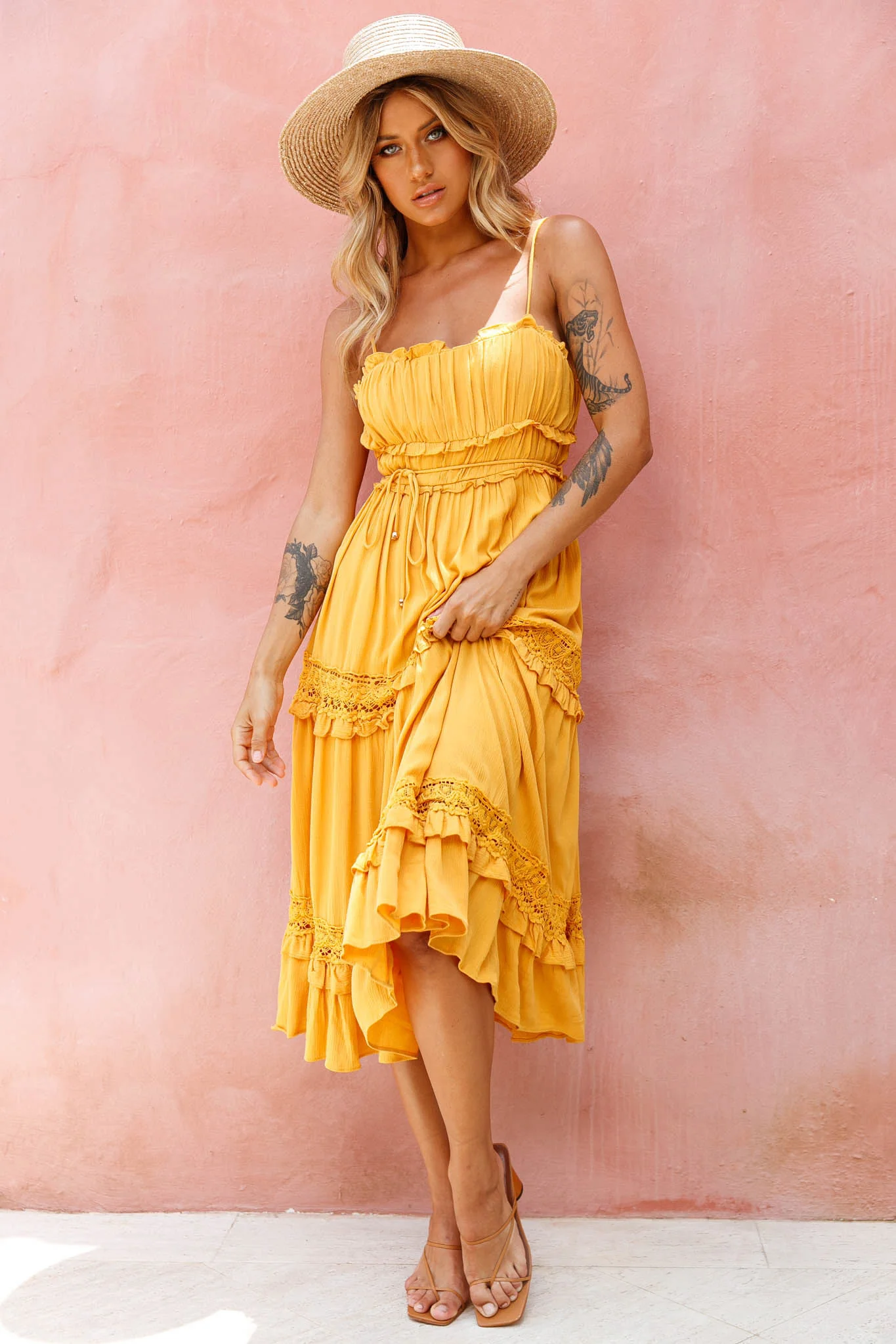 Meet You There Crochet & Frill Trim Detail Midi Dress Mustard - Sonourner