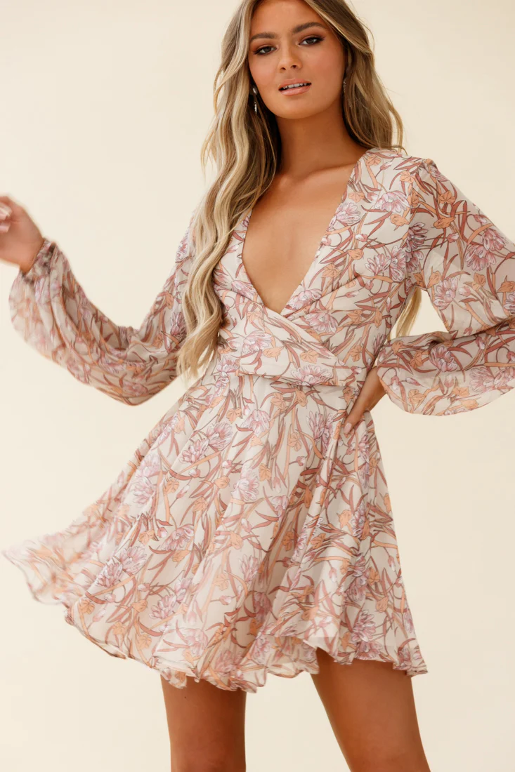 Jessinta Long Sleeve Pintuck Waist Dress Floral Print Nude - Sonourner