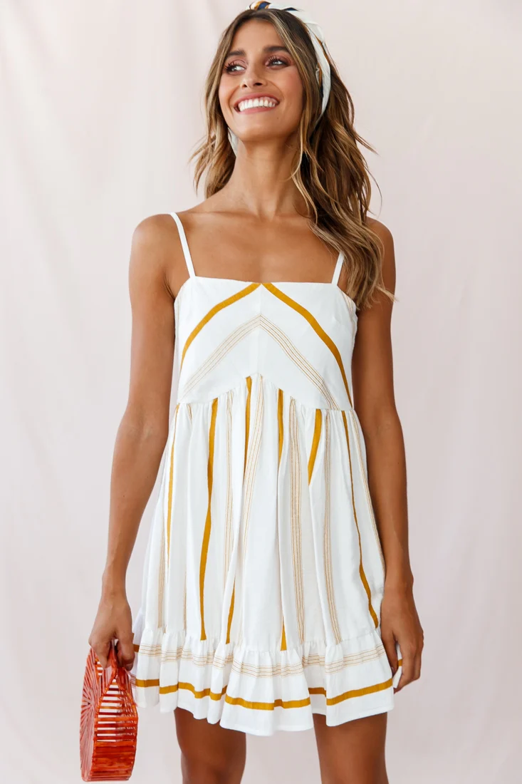 Elsie Square Neckline Frill Hem Swing Dress Stripe Print Mustard - Sonourner