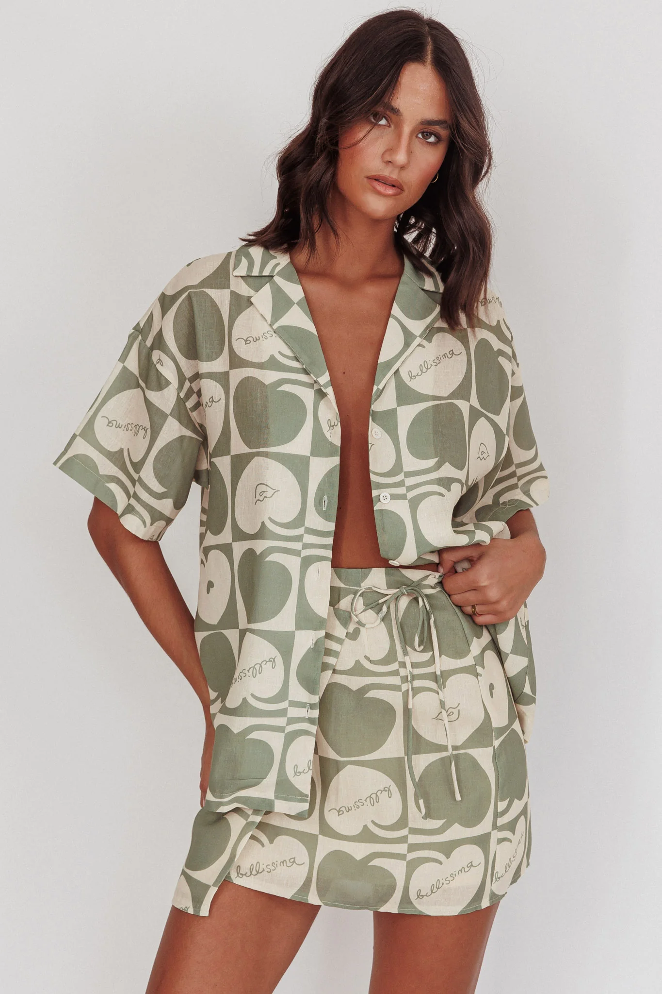 Ithaca Cherry Print Mini Wrap Skirt Sage Beige - Sonourner