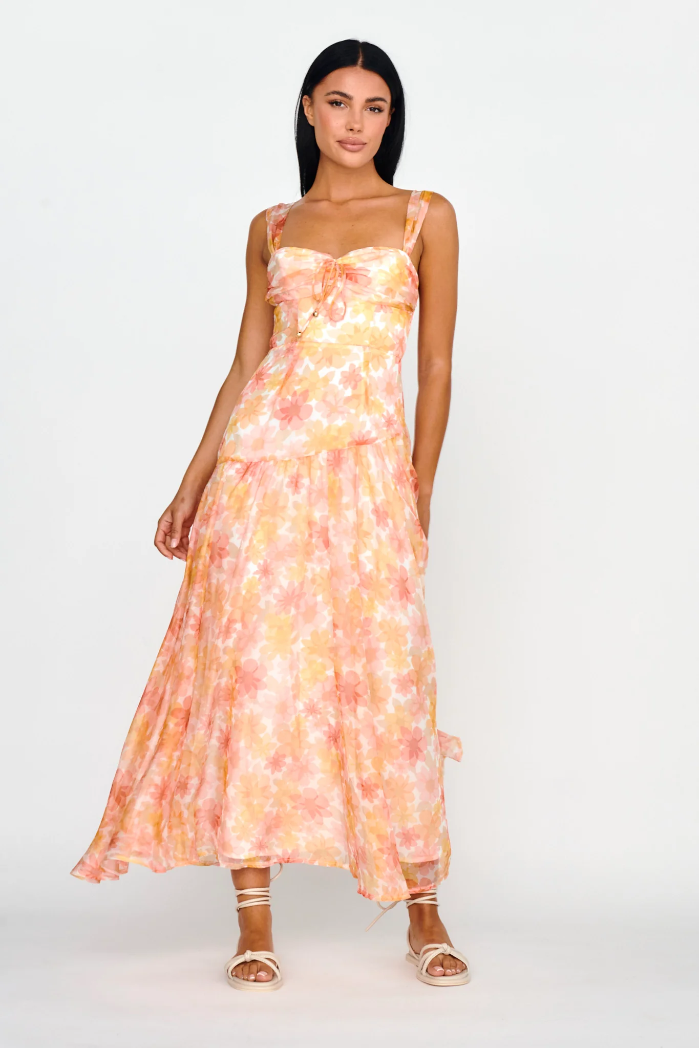 Nichola Ruched Bust Midi Dress Floral Orange - Sonourner