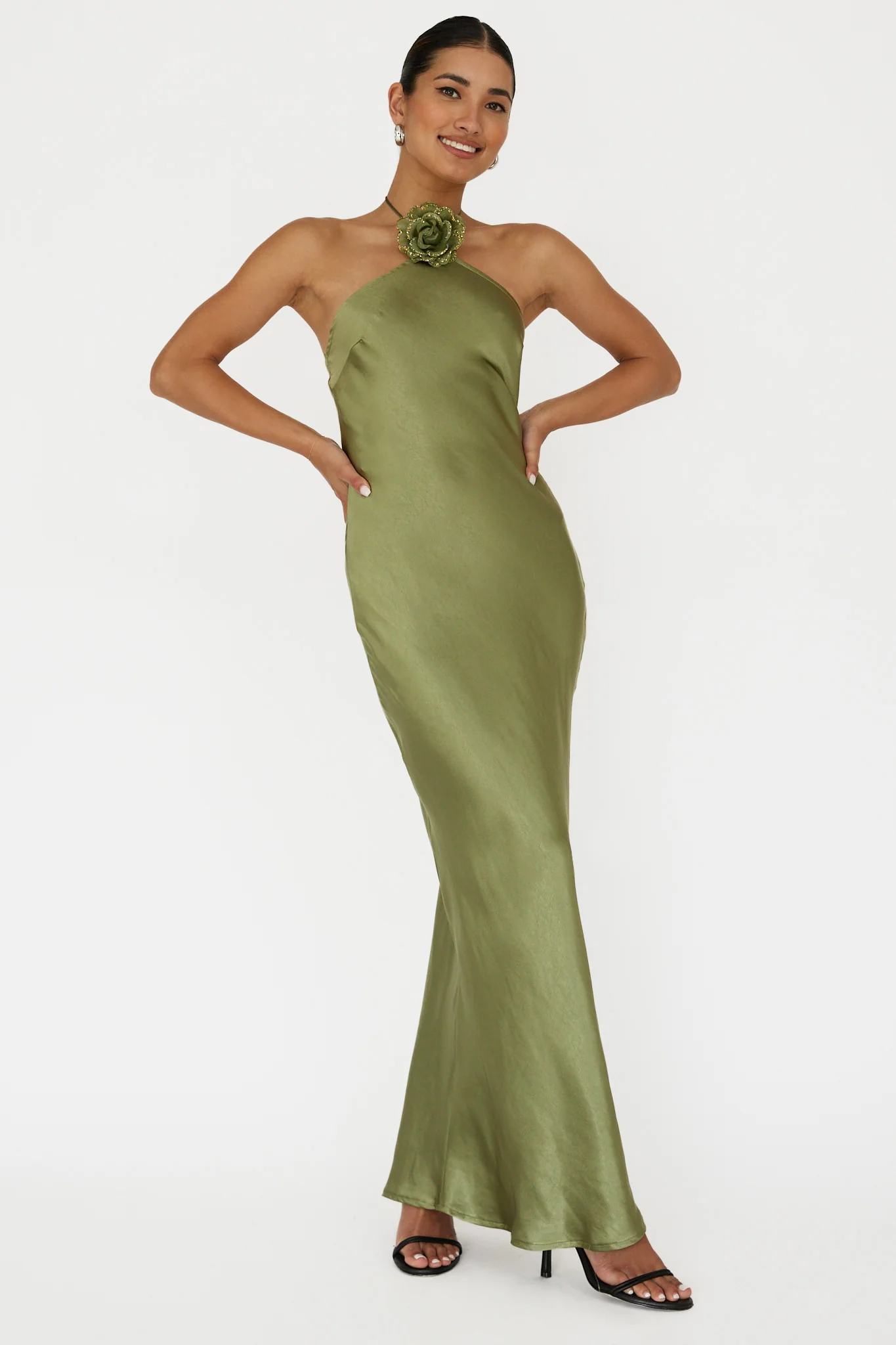 High Roller Flower Decoration Halter Dress Olive - Sonourner