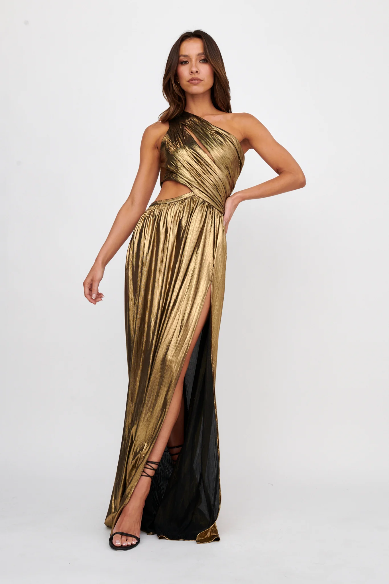 Fortuna One Shoulder Split Maxi Dress Black/Gold - Sonourner