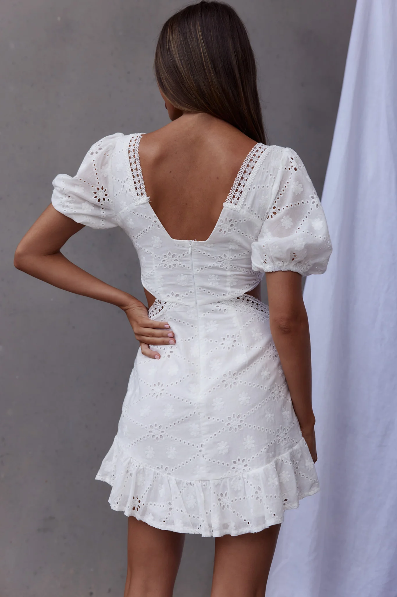 Santorini Sunset Puff Sleeve Cut-Out Eyelet Dress White - Sonourner