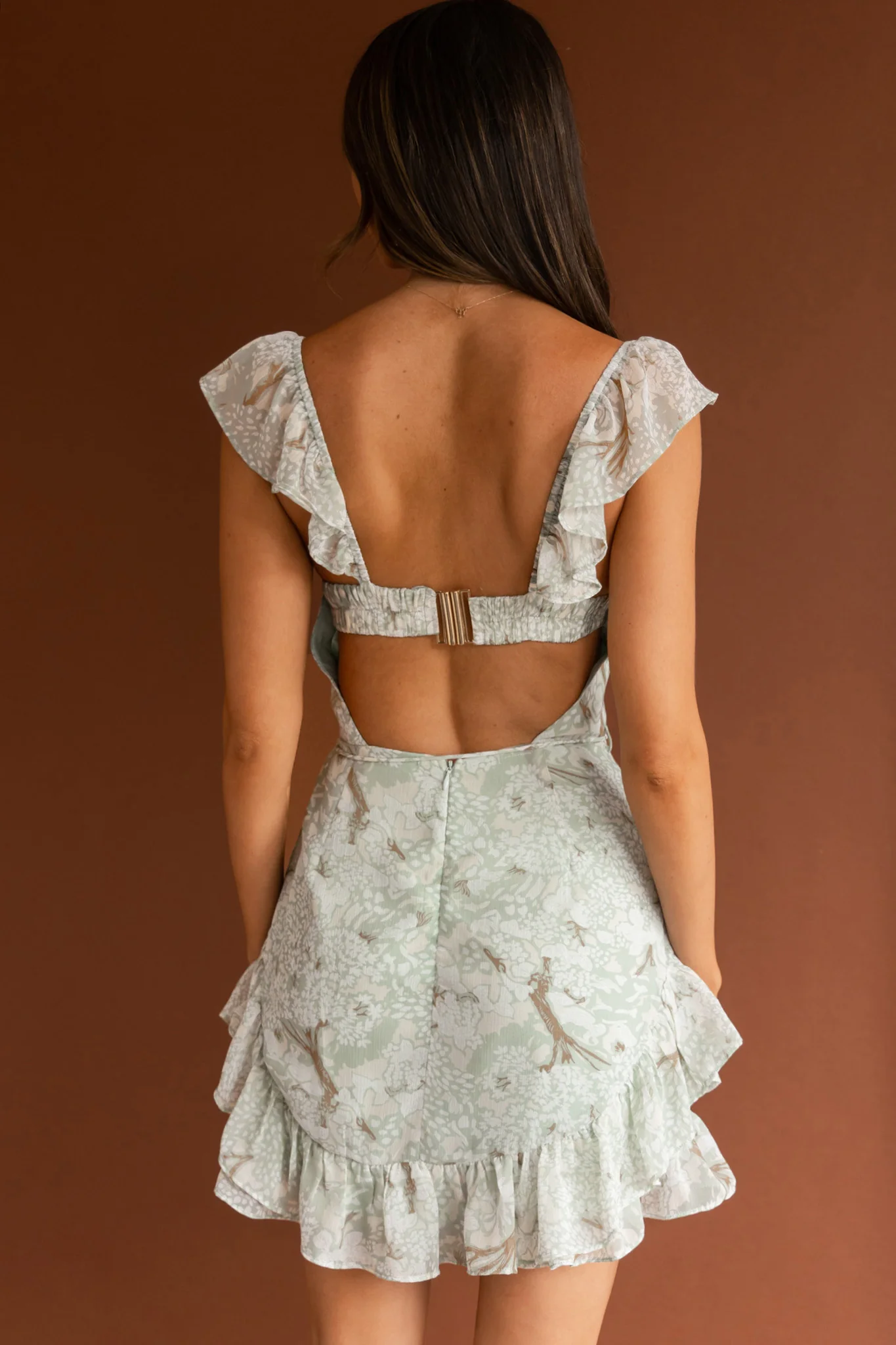 Liz Gathered Bust Frill Trim Dress Floral Sage - Sonourner