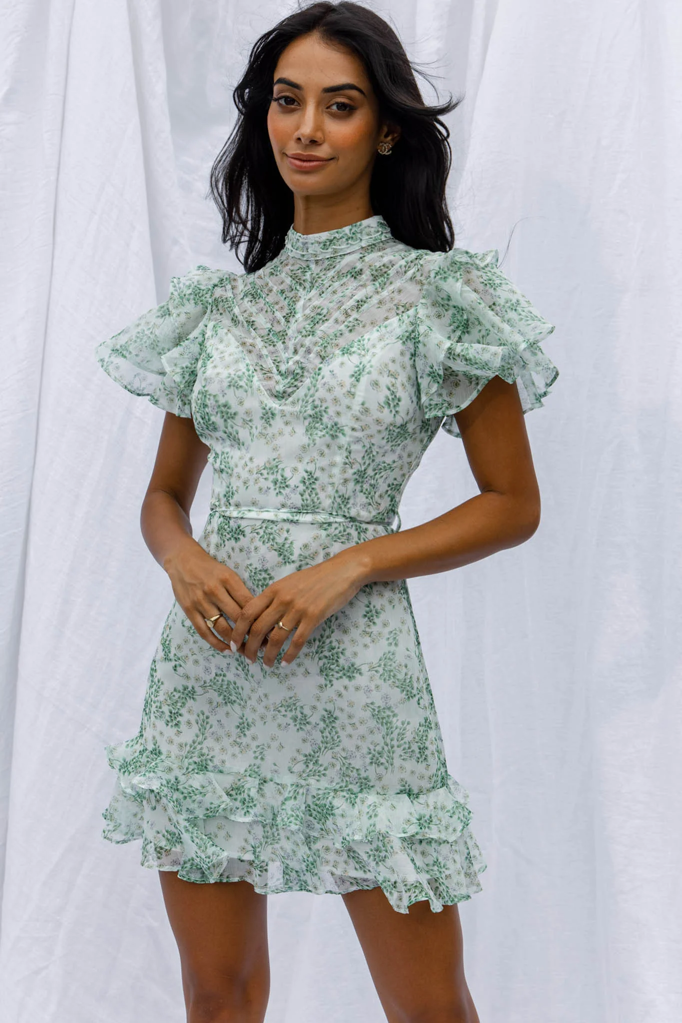 Lark High Neck Ruffle Sleeve Dress Clover Print Green - Sonourner