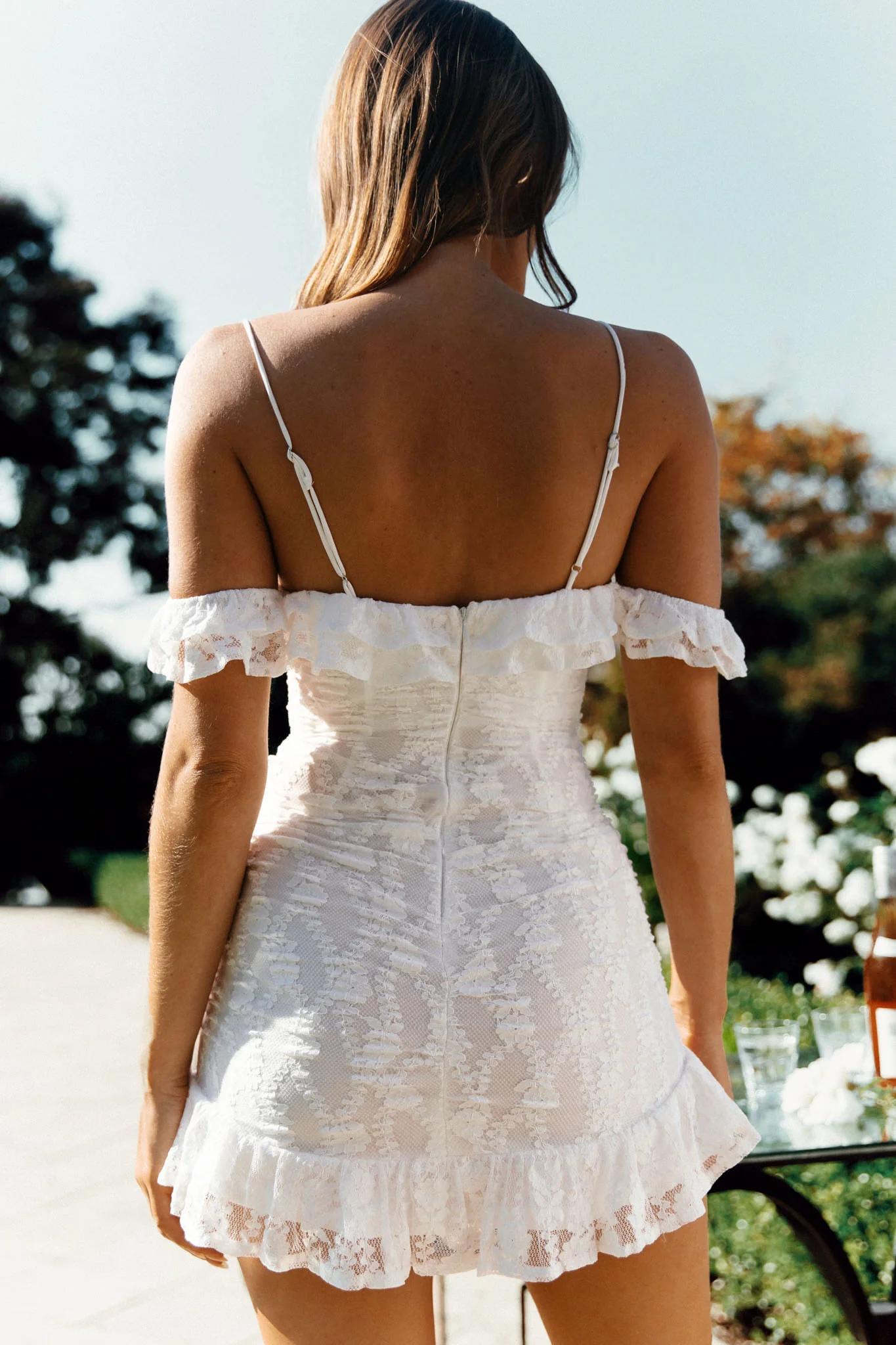 Matilda Frill Trim Lace Overlay Gold Bead Dress White - Sonourner