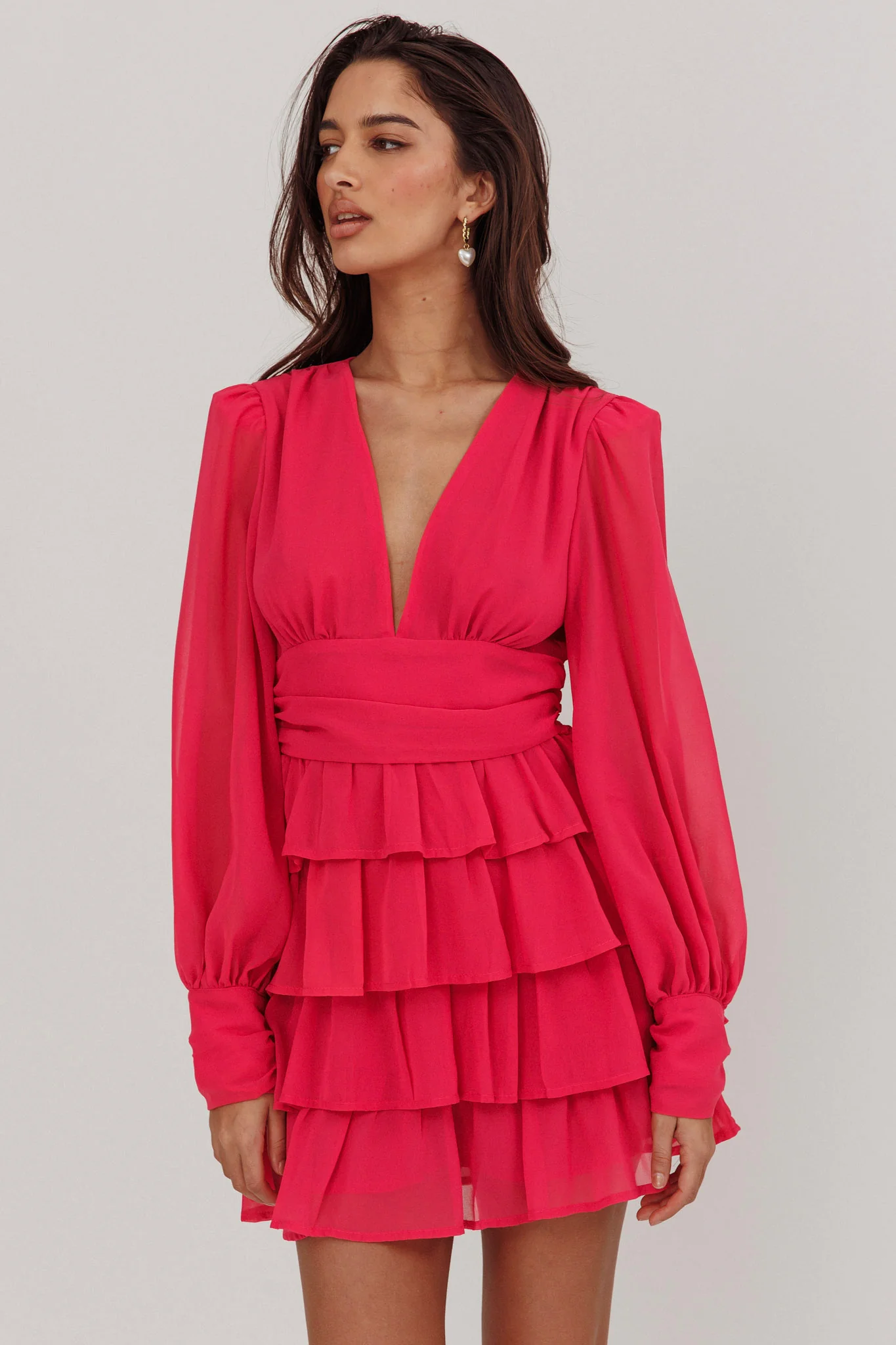 Dalisa Long Sleeve Ruffle Mini Dress Fuchsia - Sonourner
