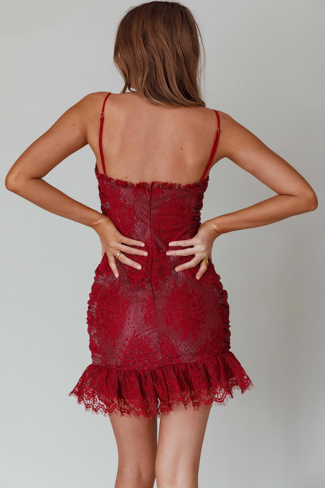 St Tropez Cami Strap Frill Hem Lace Mini Dress Wine - Sonourner