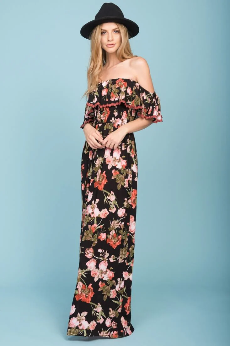 Tuscany Off The Shoulder Maxi Dress Black & Red - Sonourner