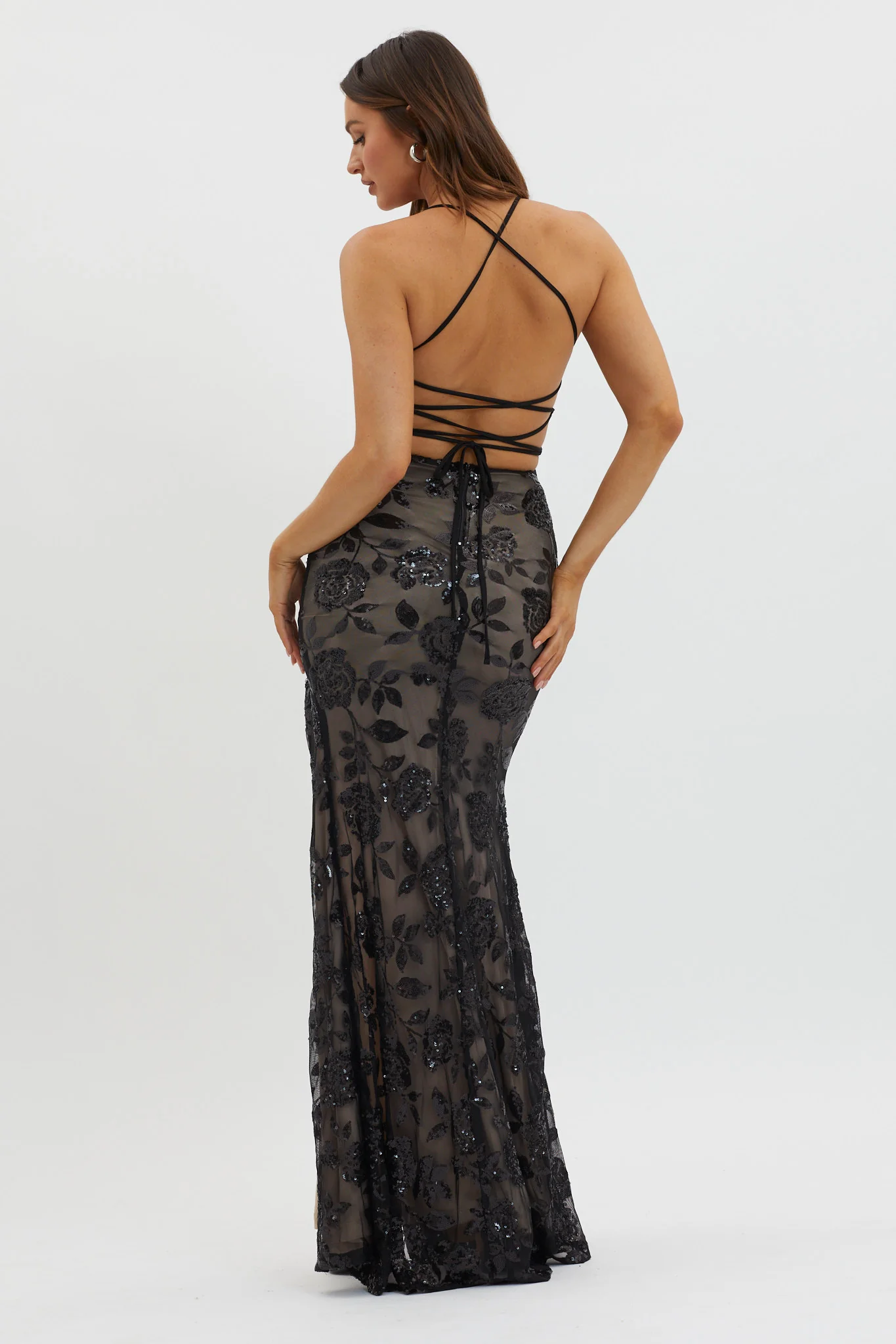 Sparks Fly Sequin Embellished Maxi Dress Black/Nude - Sonourner