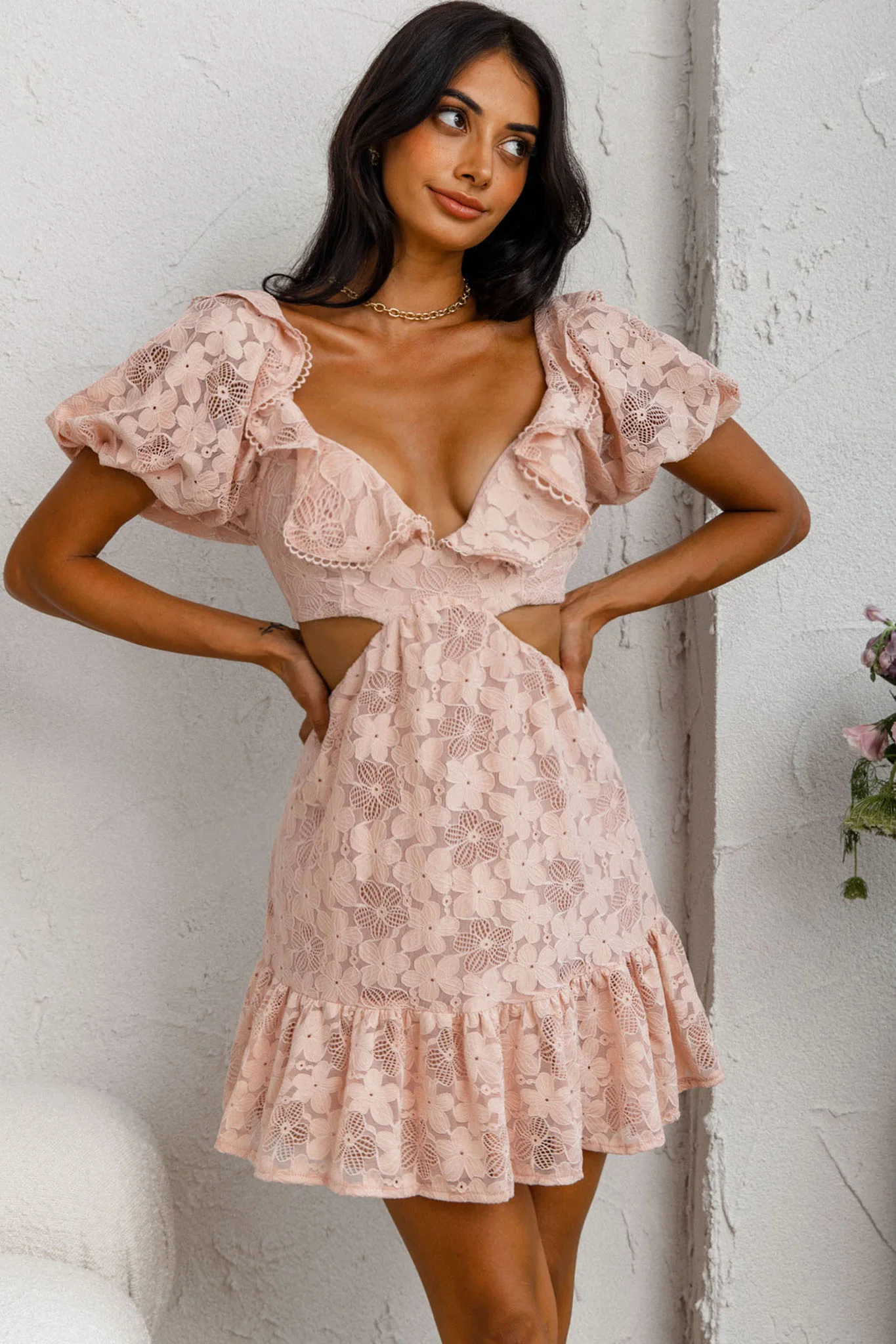Sweet Life Cut-Out Waist Lace Dress Peach - Sonourner