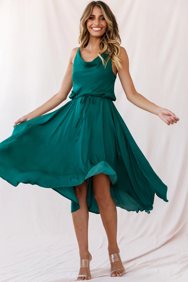Ava Cowl Neck Drawstring Midi Dress Forest Green - Sonourner
