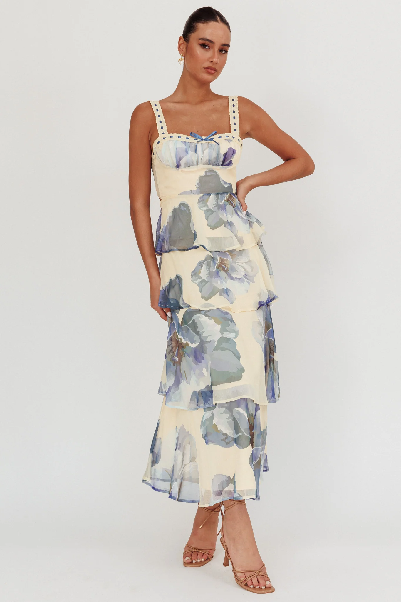 Provence Bloom Tiered Ruffle Maxi Dress Beige/Blue - Sonourner