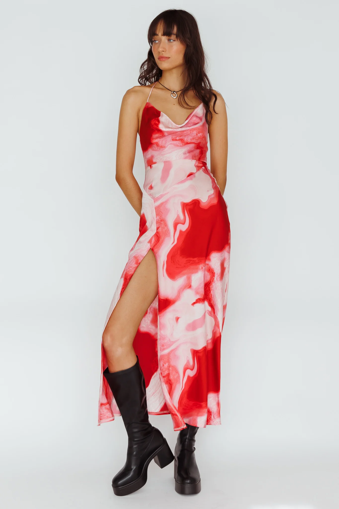 Marcello Cowl Halterneck Midi Dress Marble Red - Sonourner