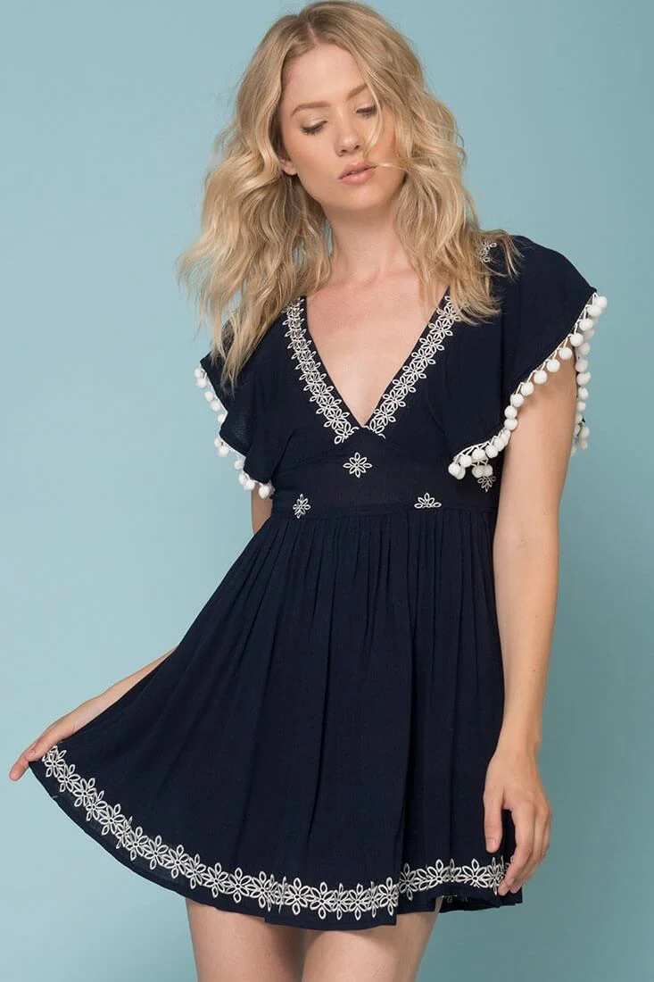 Alexis Pom Pom Dress Navy - Sonourner