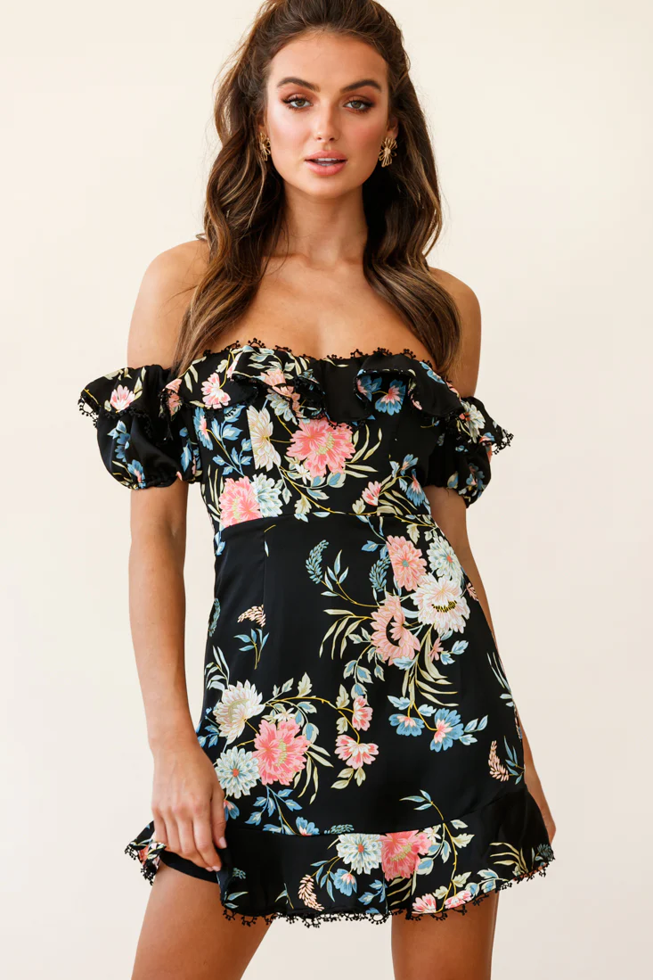 Bobby Bardot Neckline Puff Sleeve Dress Black - Sonourner