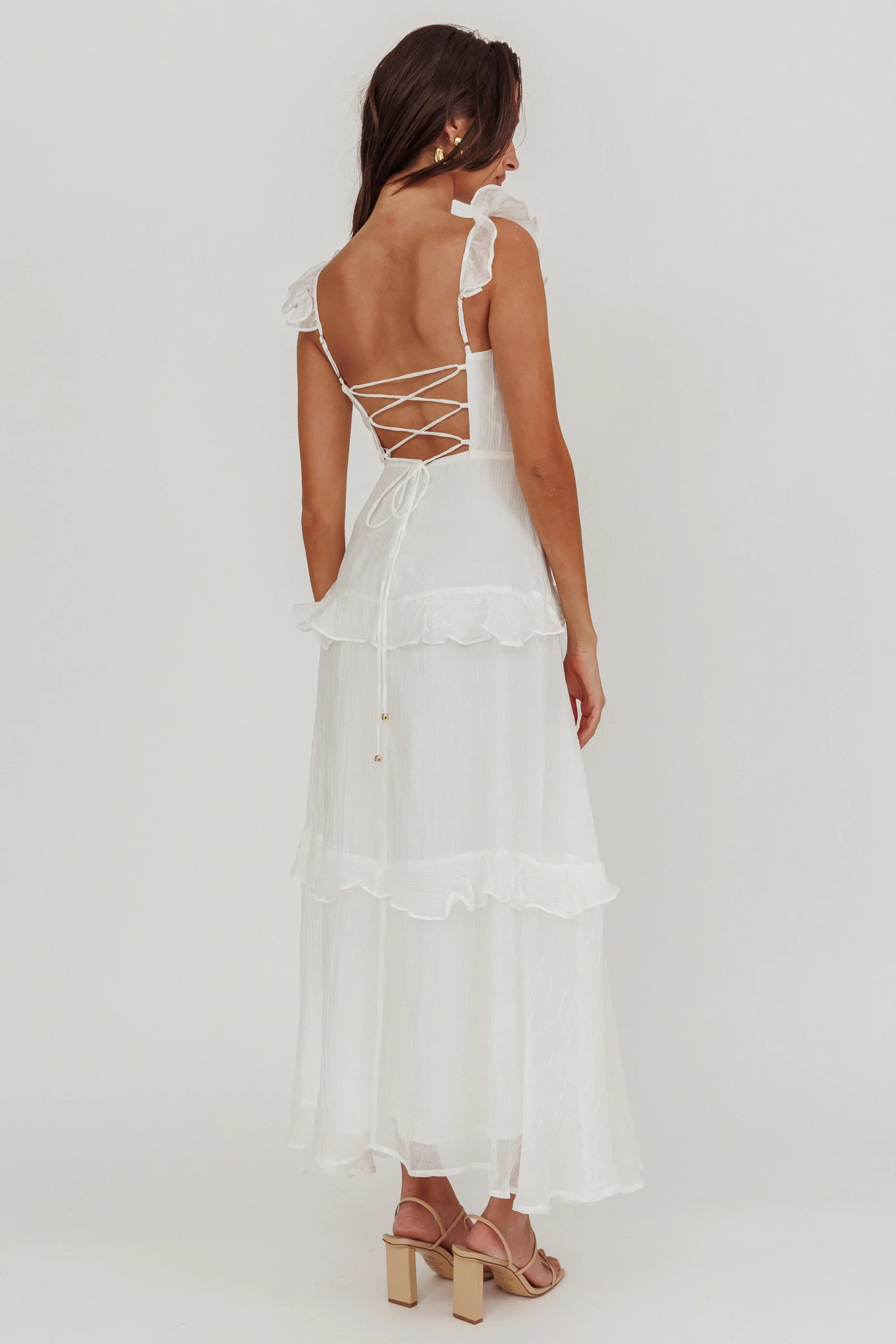 Moonlit Moment Ruffle Trim Lace-Up Back Maxi Dress White - Sonourner