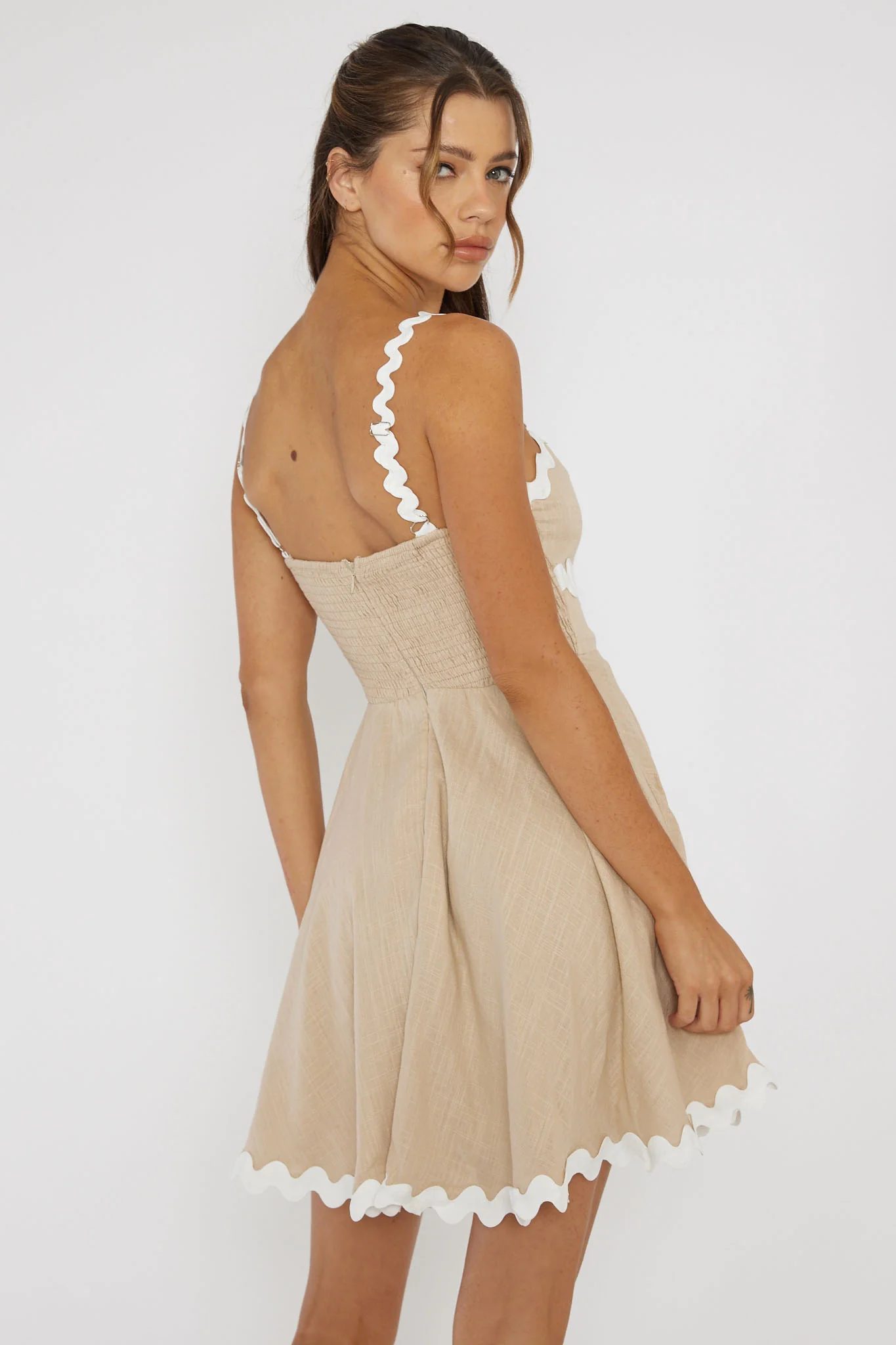 Won Me Over Ric Rac Trim Mini Dress Beige - Sonourner