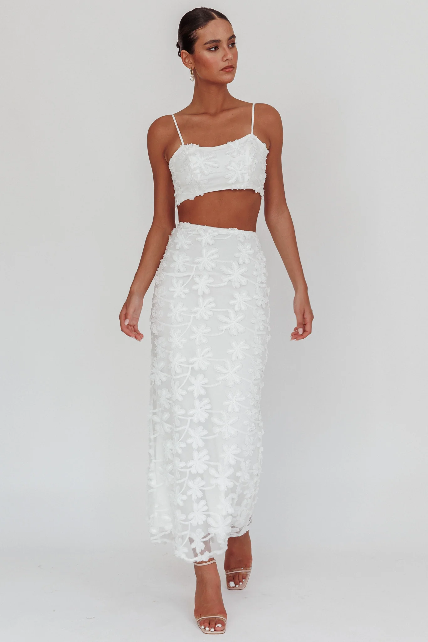 Casi Palm Tree Embroidered Maxi Skirt White - Sonourner